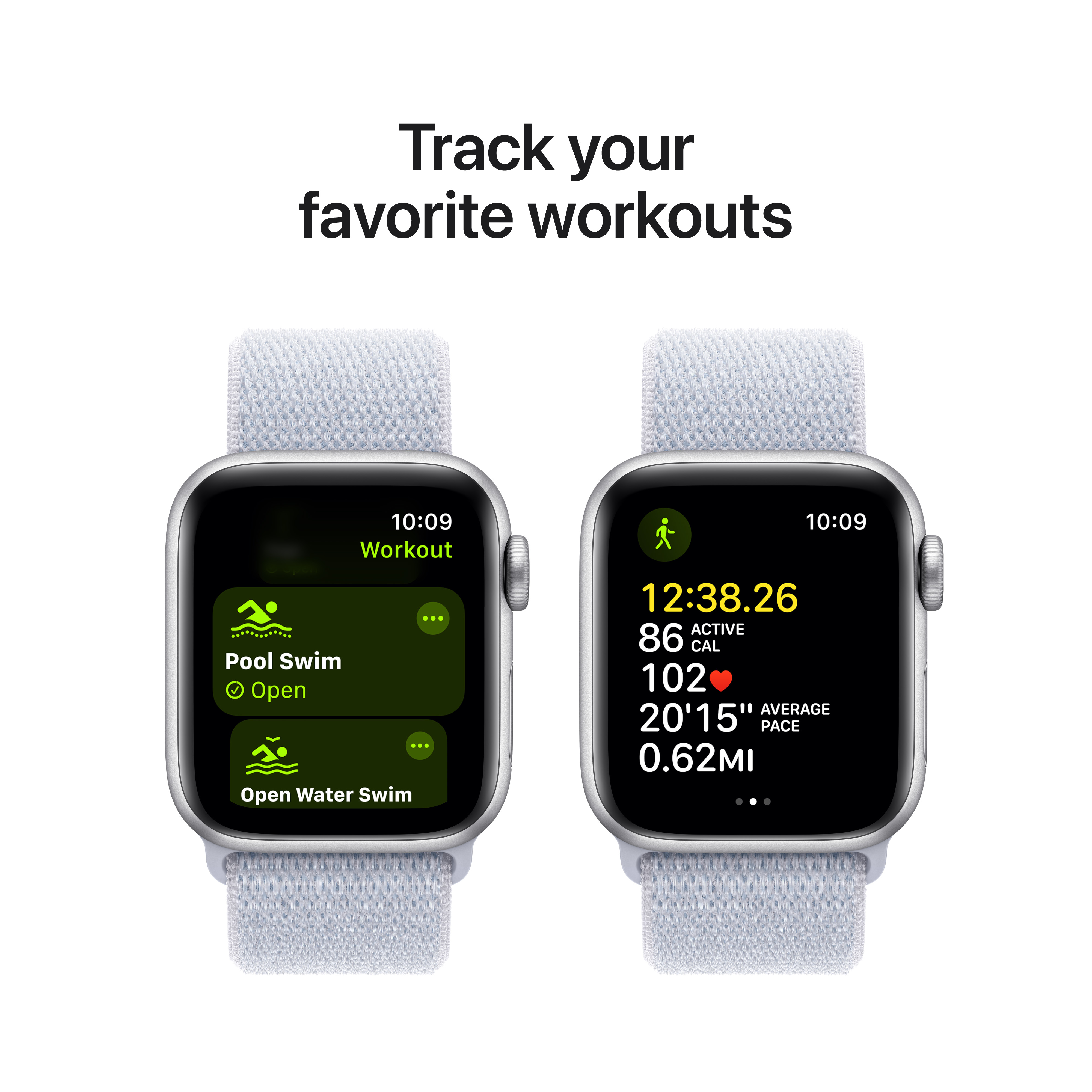 Deux Apple Watch, affichant des données d'entraînement : l'une pour la natation en piscine, l'autre pour la natation en eau libre.