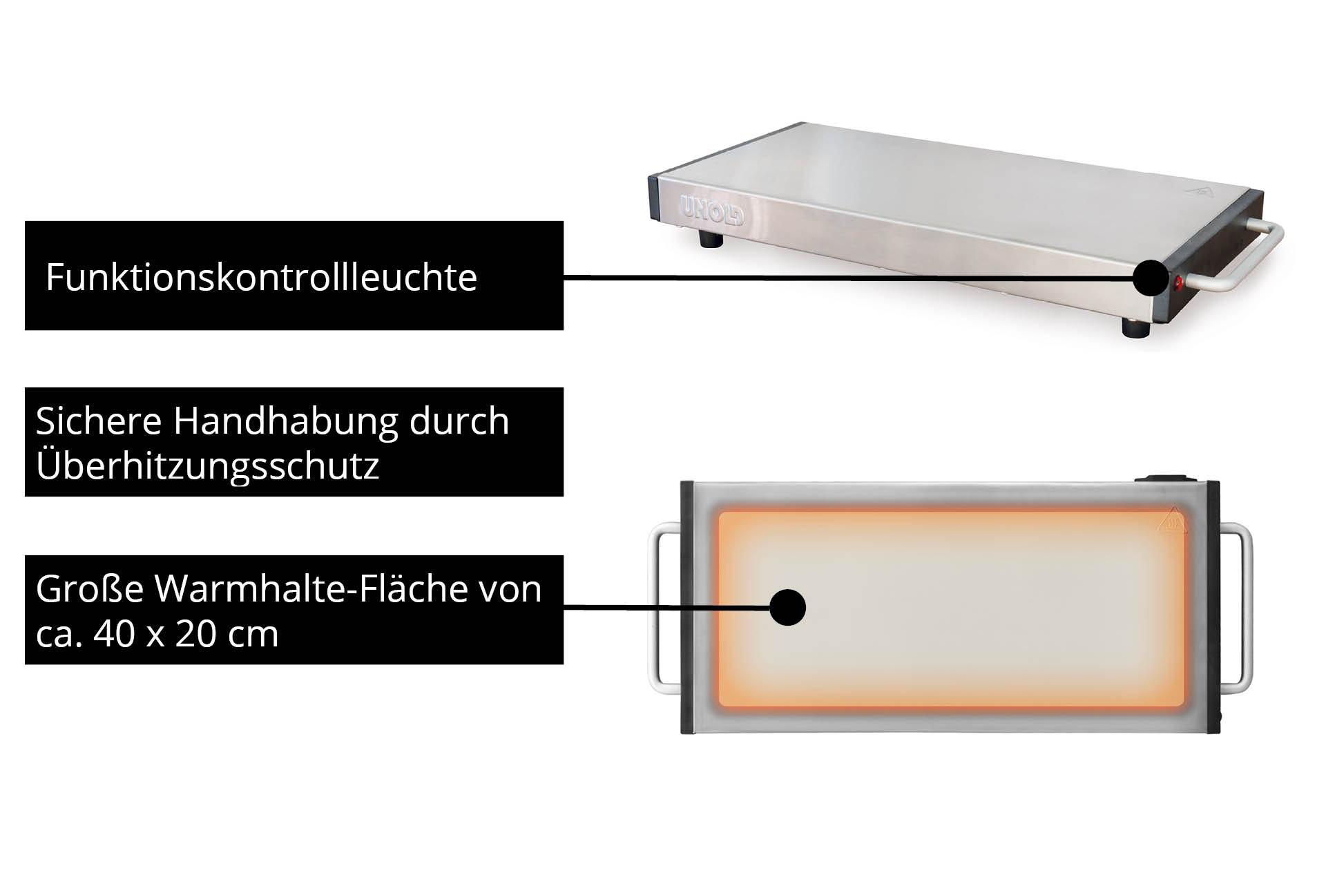 Eine silberne Warmhalteplatte mit Textkennzeichnungen, die Merkmale anzeigen. Es hat einen Griff und Licht.