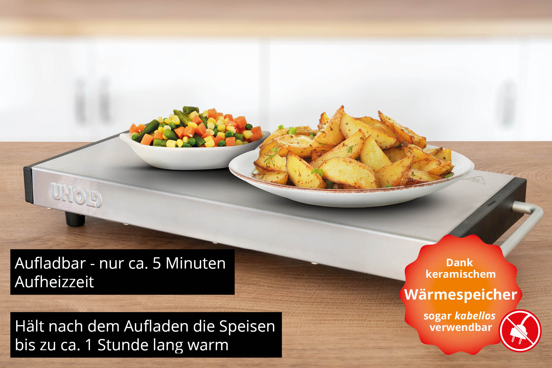 Speisenwärmer mit zwei Tellern: Gemüse und Kartoffeln. Text besagt, dass es Speisen nach dem Aufladen 1 Stunde lang warmhält.