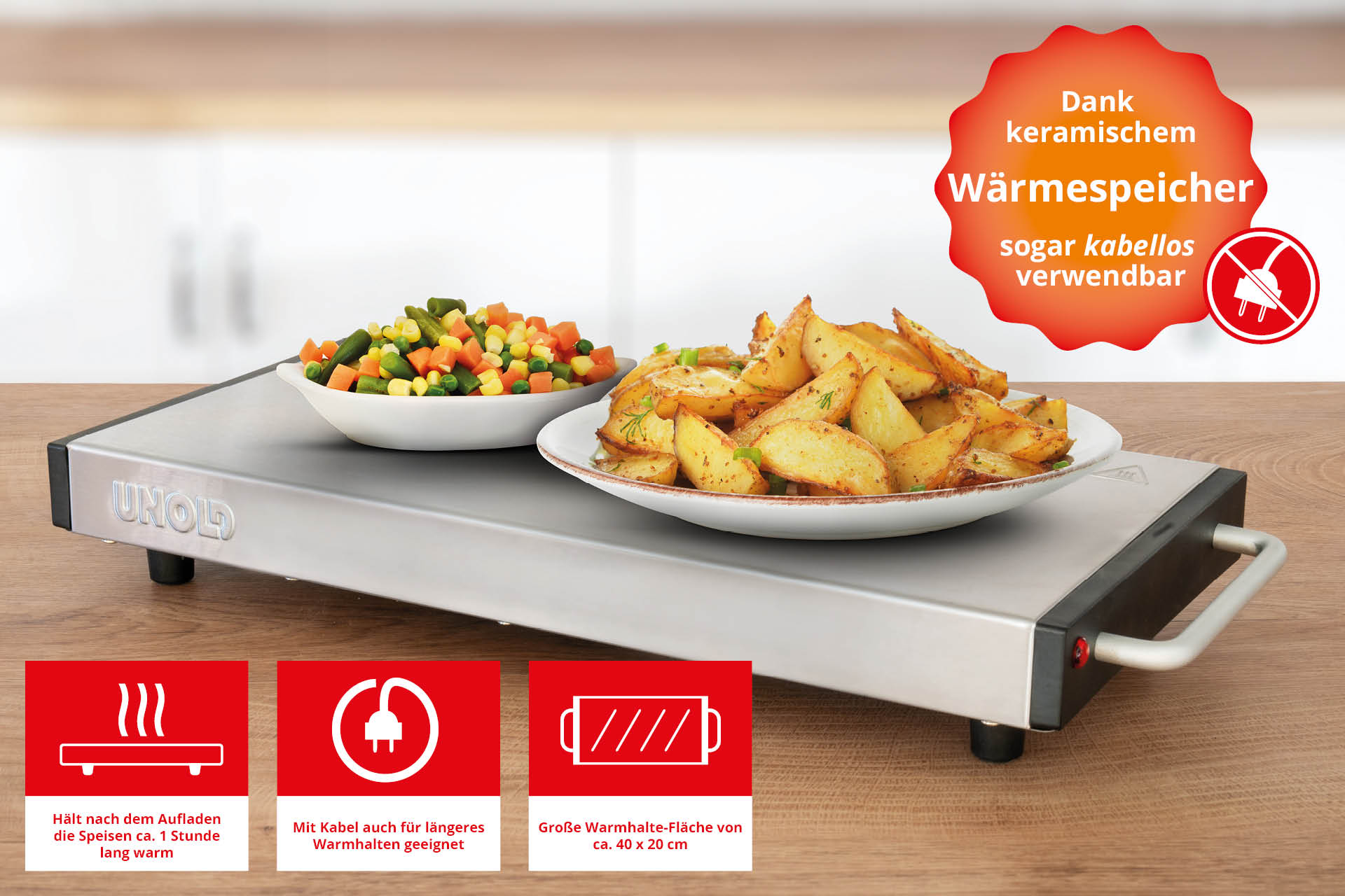 Beheizter Speisenwärmer mit zwei Tellern Essen auf einem Holztisch, mit Anweisungen.