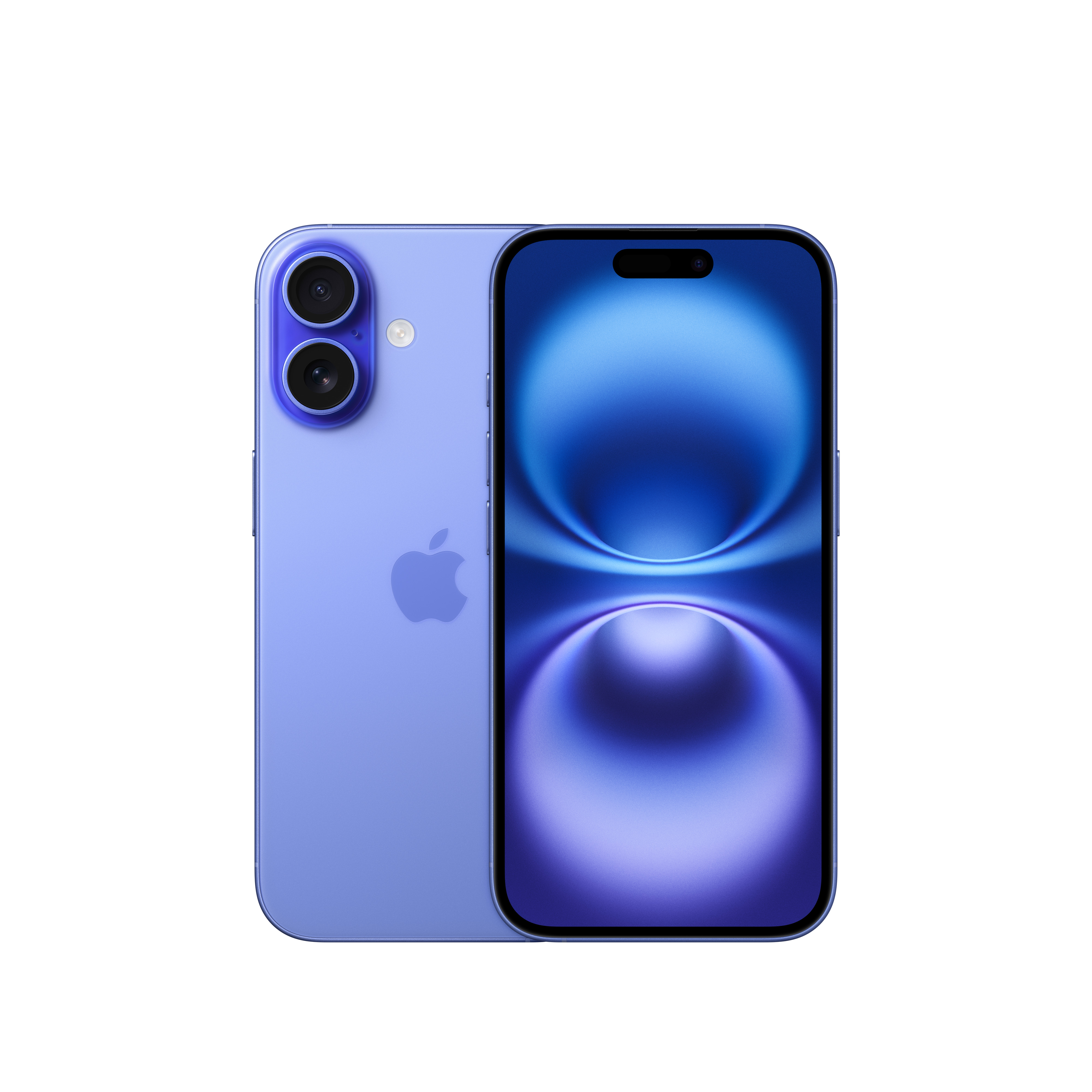 Mavi ve mor bir iPhone. Arka ve ön tarafını gösteriyor.