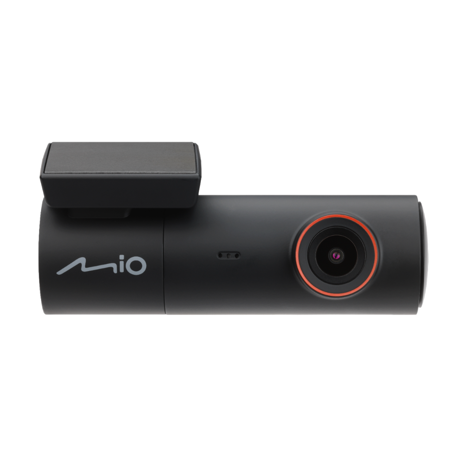 Black dashcam with a red-ringed lens, the logo 'mio' in grey, and a rectangular screen.