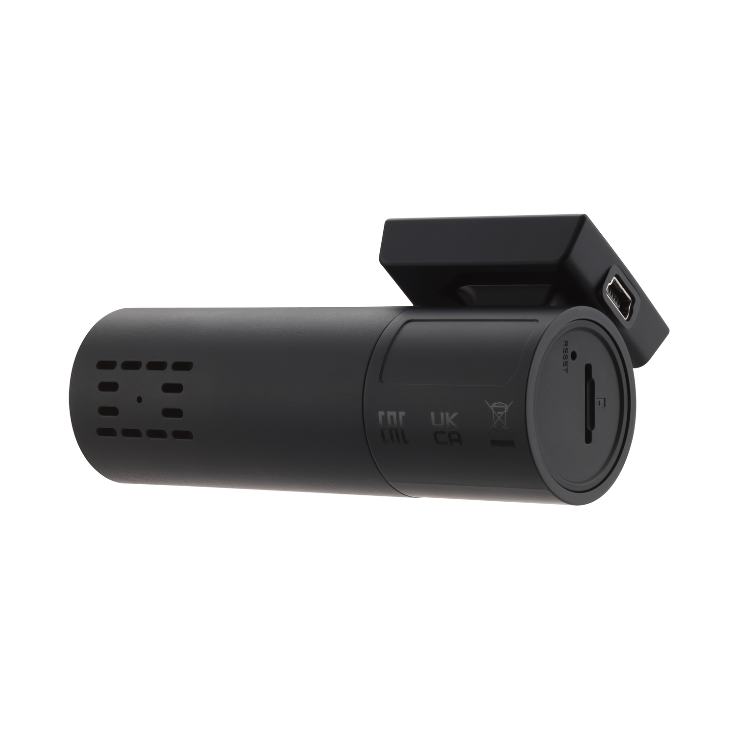 Black dashcam. Shows the front view of the camera. Features a USB port and reset button.
