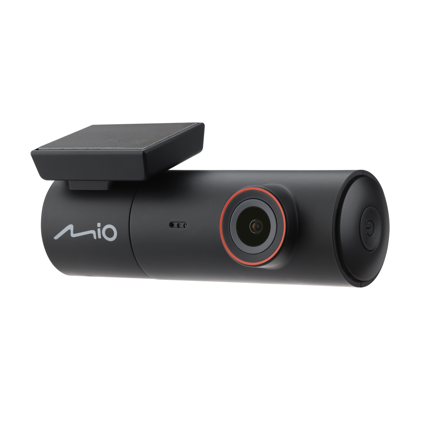 A black dashcam with a red ring around the lens and a small solar panel on top.