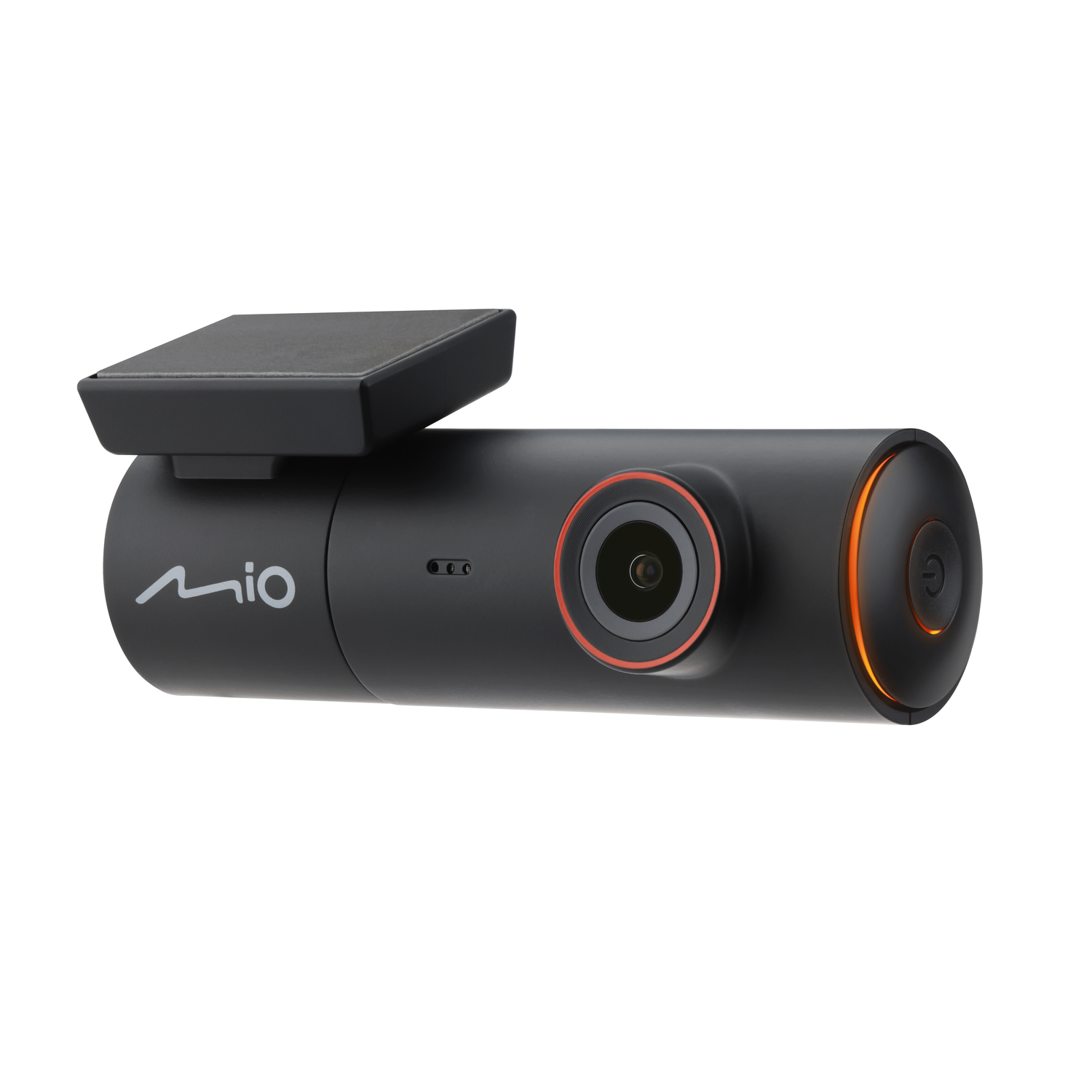 Black dashcam with an attached screen and an orange-ringed camera lens.