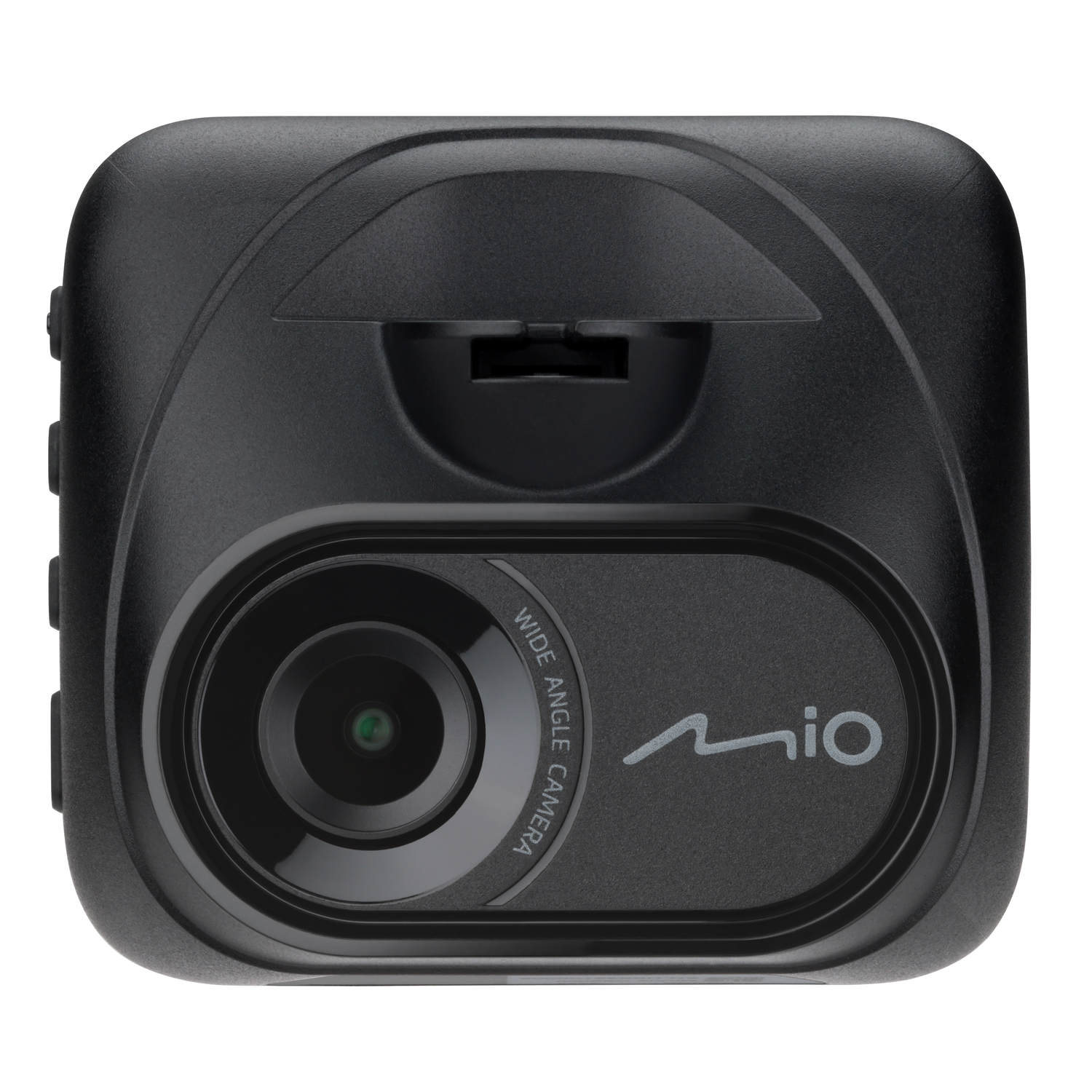 Zwarte auto dashcam met groothoeklens en het Mio logo op witte achtergrond.