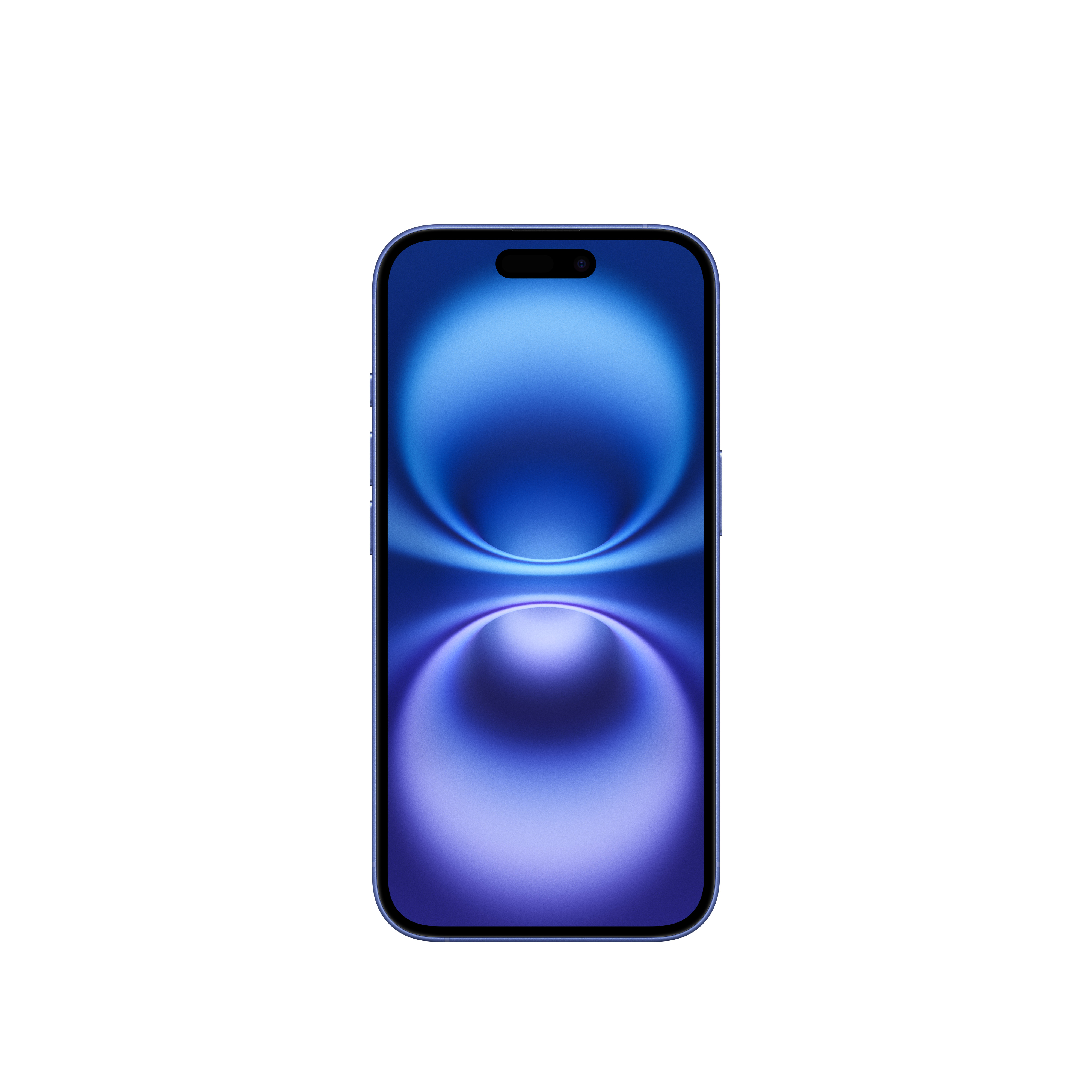 Beyaz bir arka plan üzerinde mavi bir iPhone, ekranını gösteriyor.