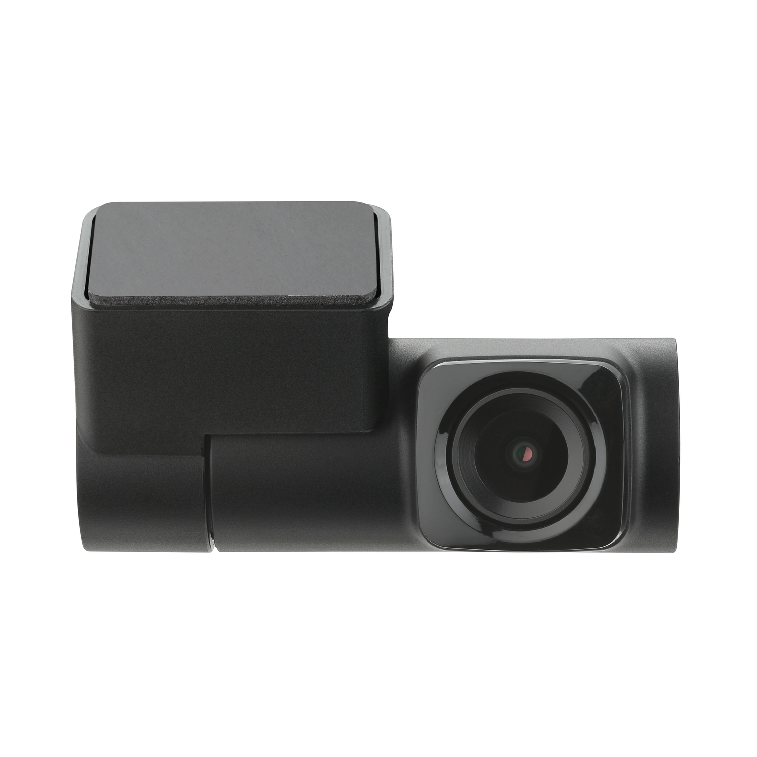 Een zwarte dashcam met een lens naar voren gericht. De dashcam staat op een witte achtergrond.