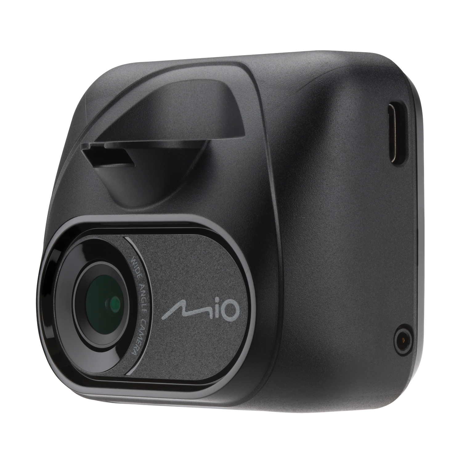 Zwarte Mio dashcam met groothoeklens. Tekst: Groothoekcamera, Mio.