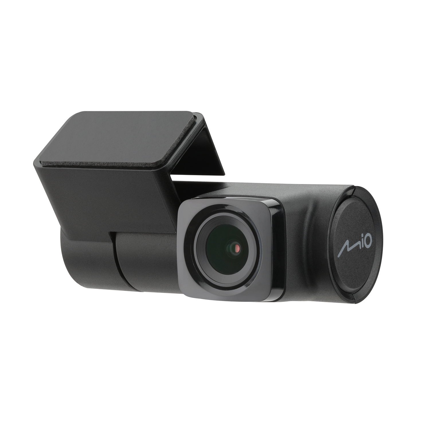 Zwarte dashcam met lens en scherm, schuin op witte achtergrond.