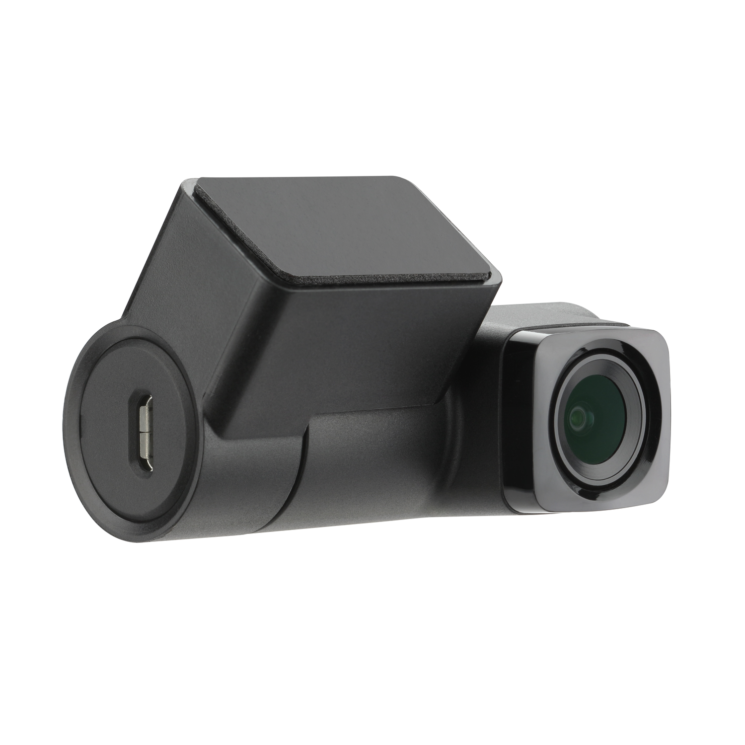 Een zwarte dashcam met een lens en een klein scherm. Hij is gemonteerd op een wit oppervlak.