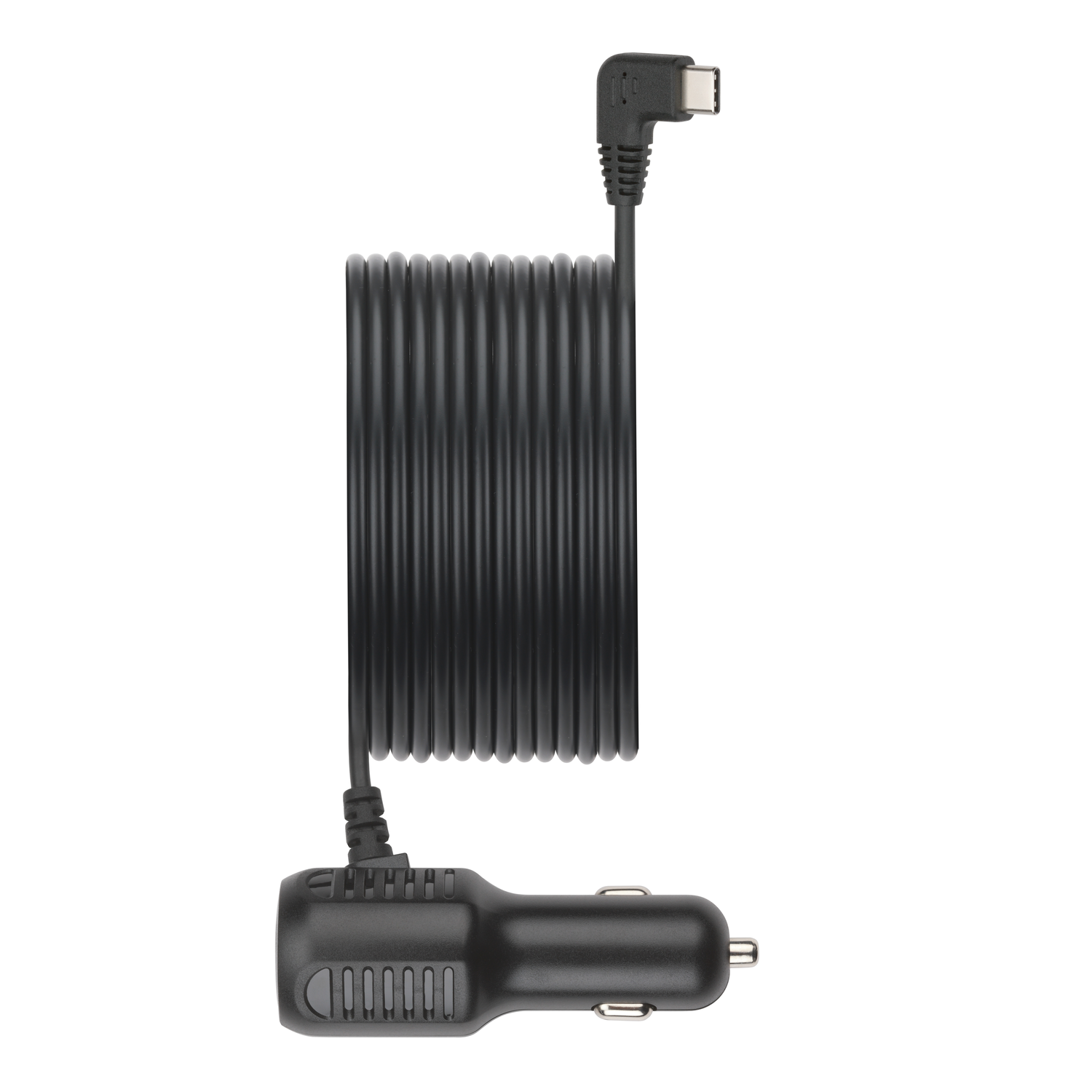 Zwarte autolader met USB-C kabel. Kabel buigt naar beneden.