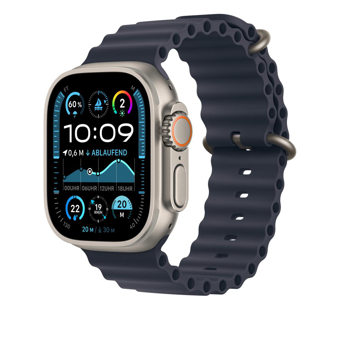 Silberne Apple Watch mit blauem Armband, die Zeit, Metriken und einen Kompass anzeigt, vor weißem Hintergrund.