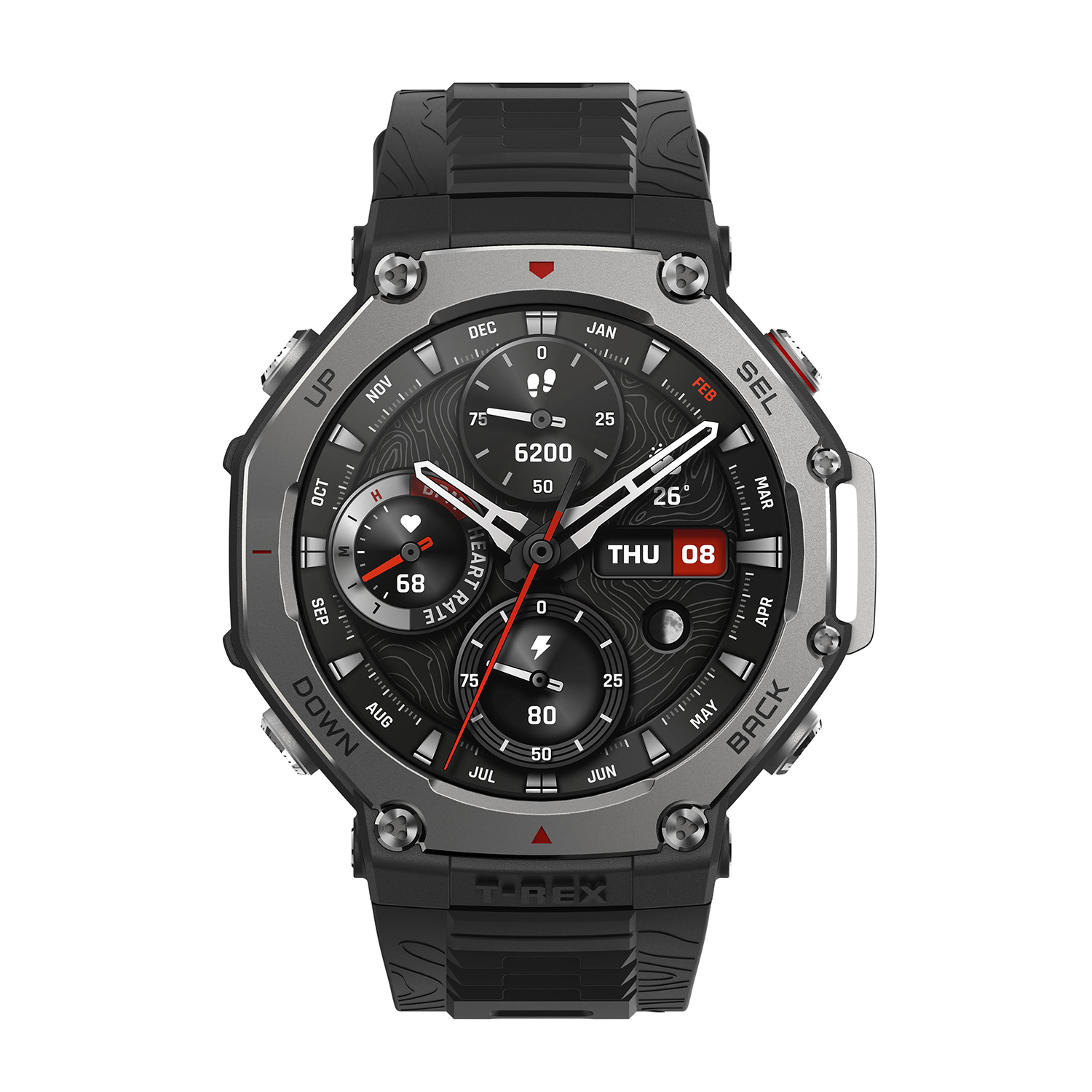 Smartwatch nero e argento con cinturino nero e display dettagliato. Sfondo bianco.