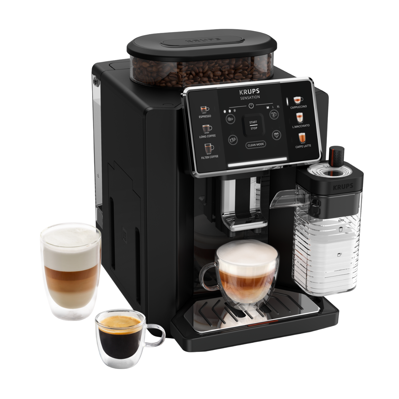 Schwarze Krups Kaffeemaschine mit Display, Espressotassen und Latte-Gläsern daneben.