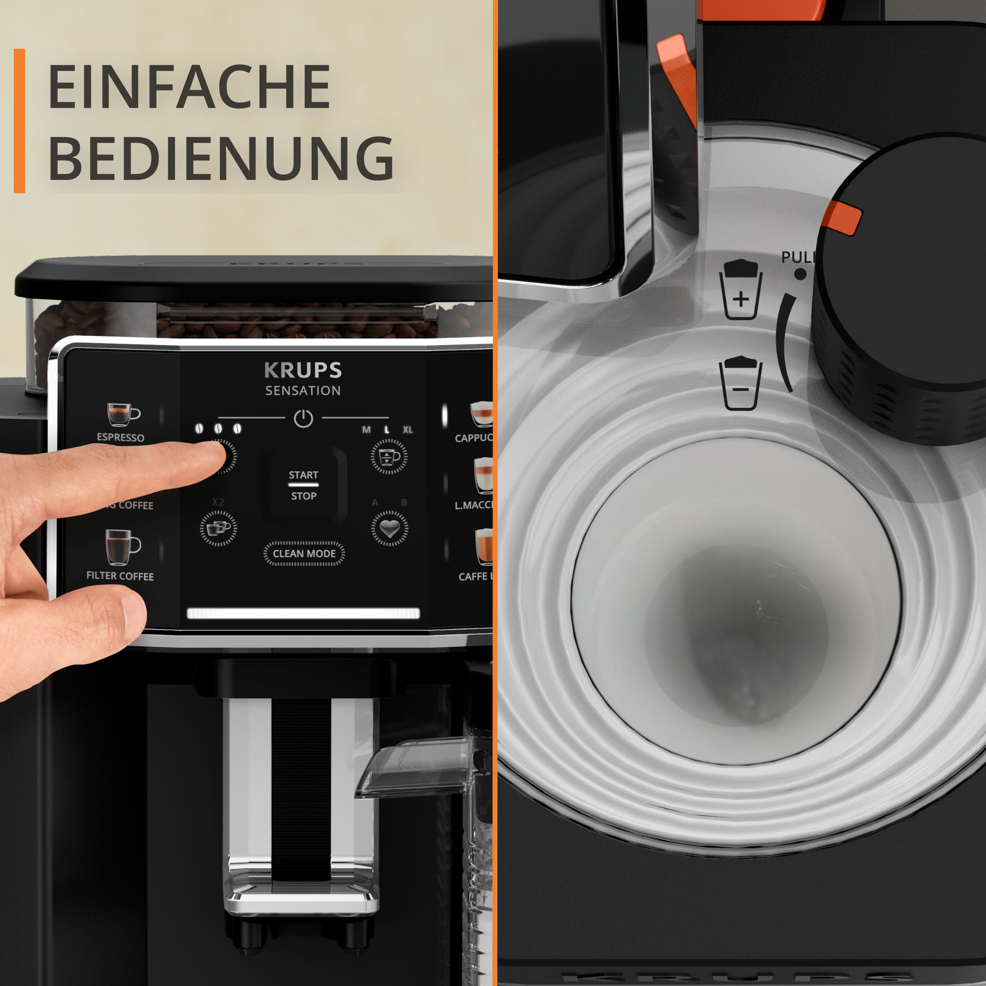 Nahaufnahme einer Kaffeemaschine. Text: Einfache Bedienung. Espresso, Kaffee, Cappuccino.