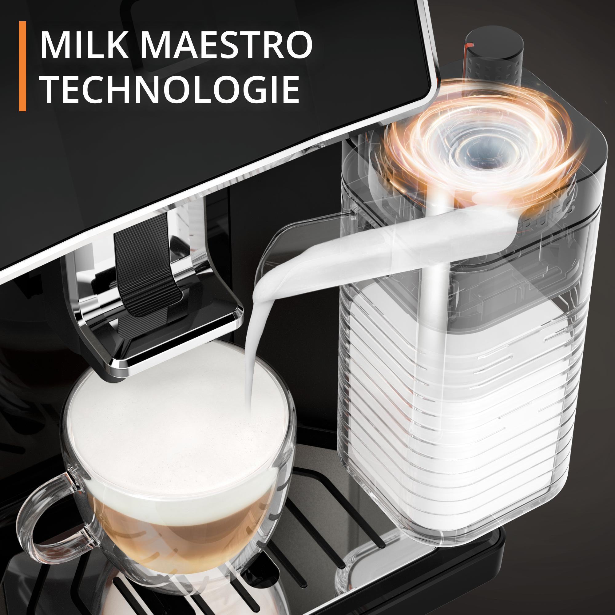 Eine Kaffeemaschine, die Milch in ein Glas ausgibt. Die Milch schäumt beim Eingießen, mit weißem Schaum.