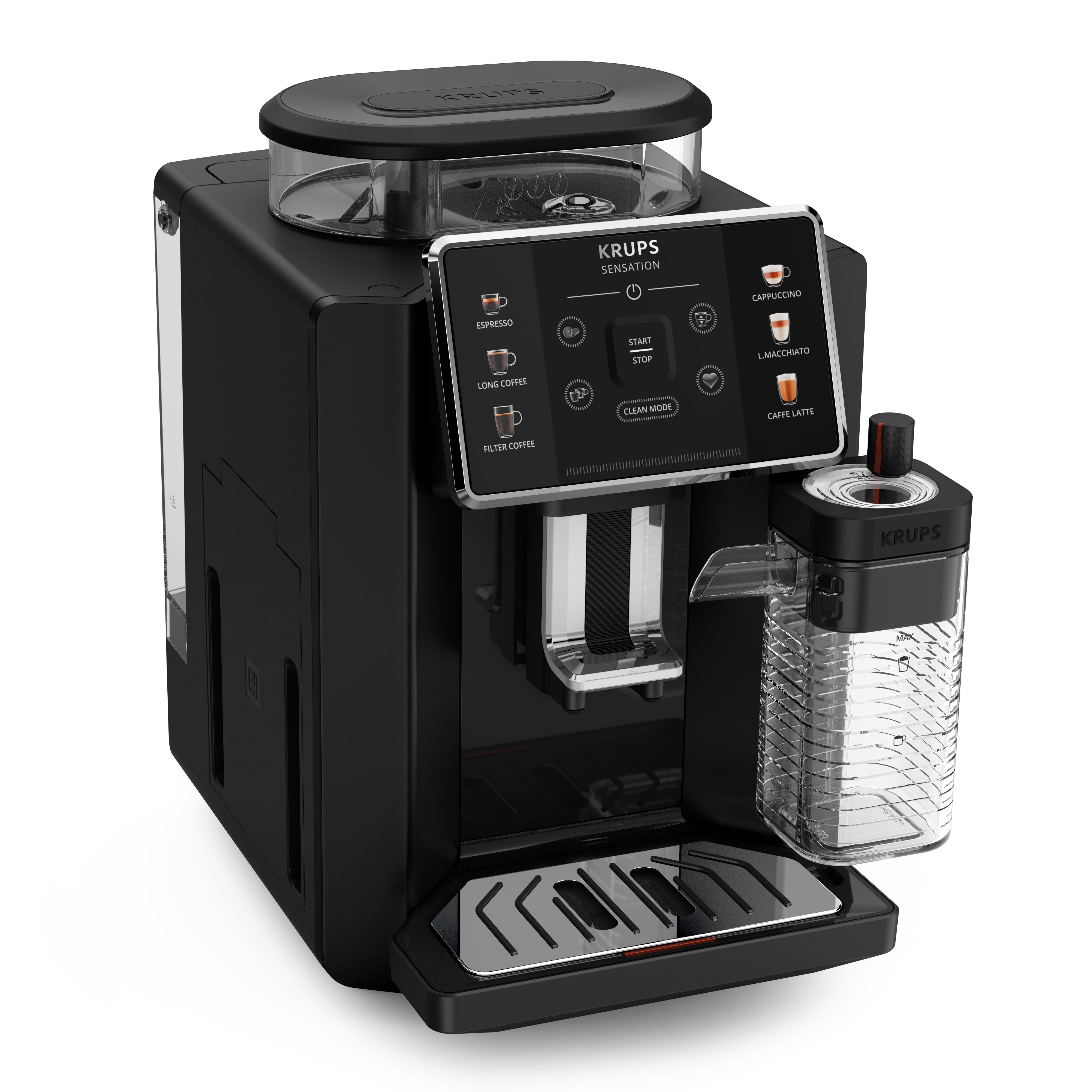 Eine schwarze Krups Sensations Kaffeemaschine mit Touchscreen und Wasserbehälter.