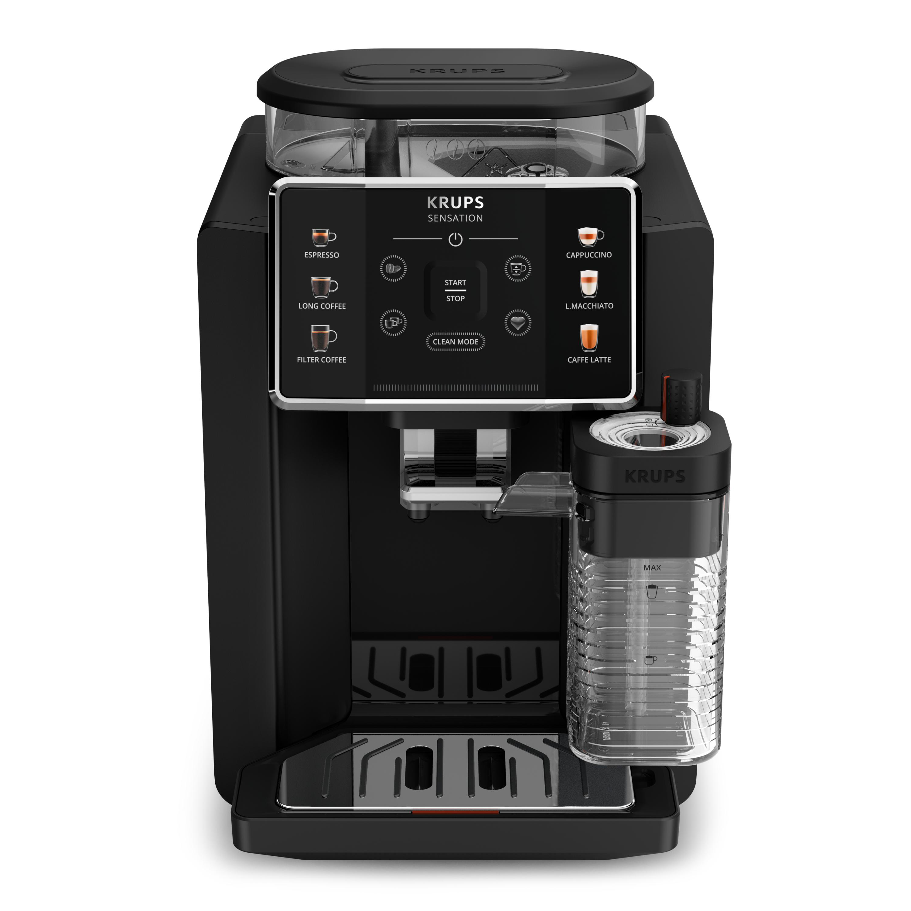Schwarze Krups Sensations Kaffeemaschine mit Display und Wasserbehälter.