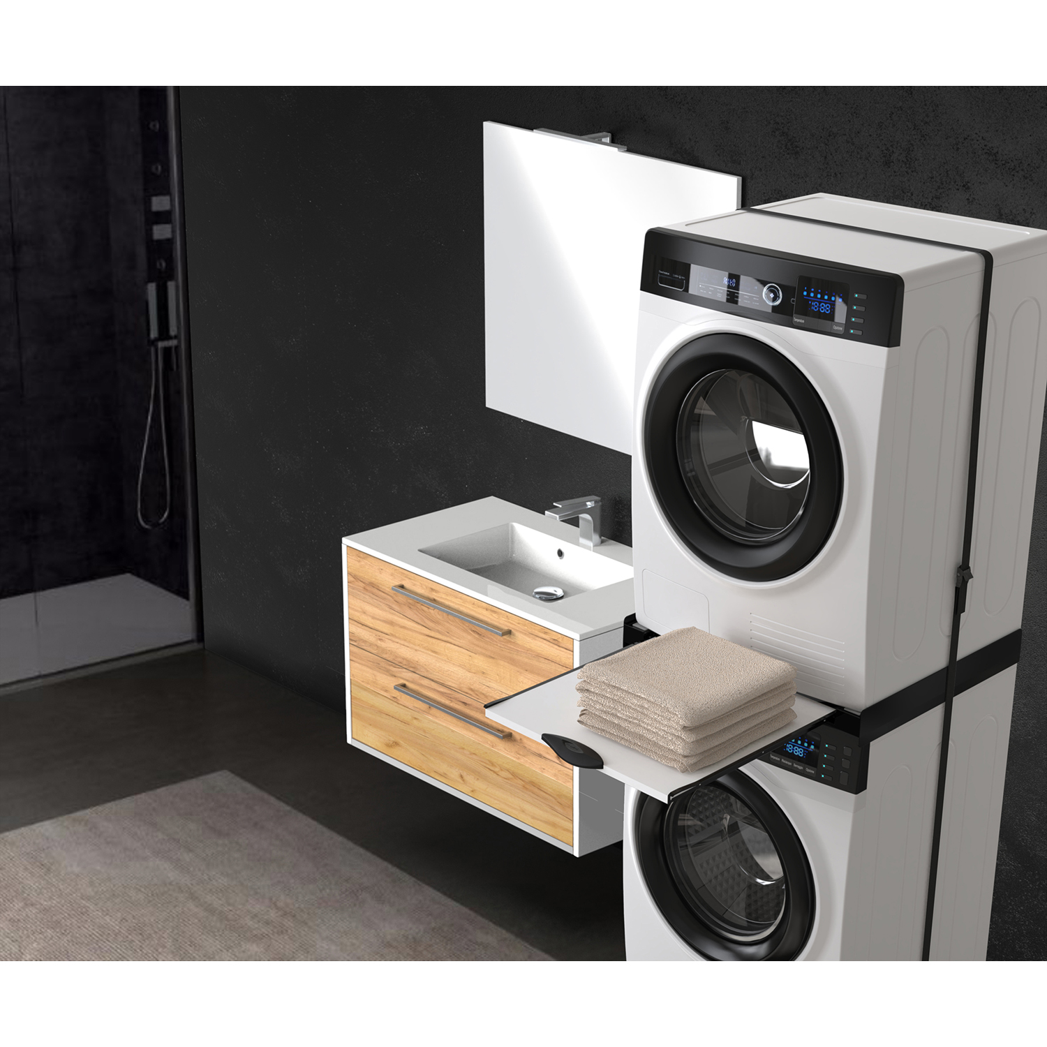 Un bagno moderno con lavatrice e asciugatrice impilate e un lavandino con specchio.