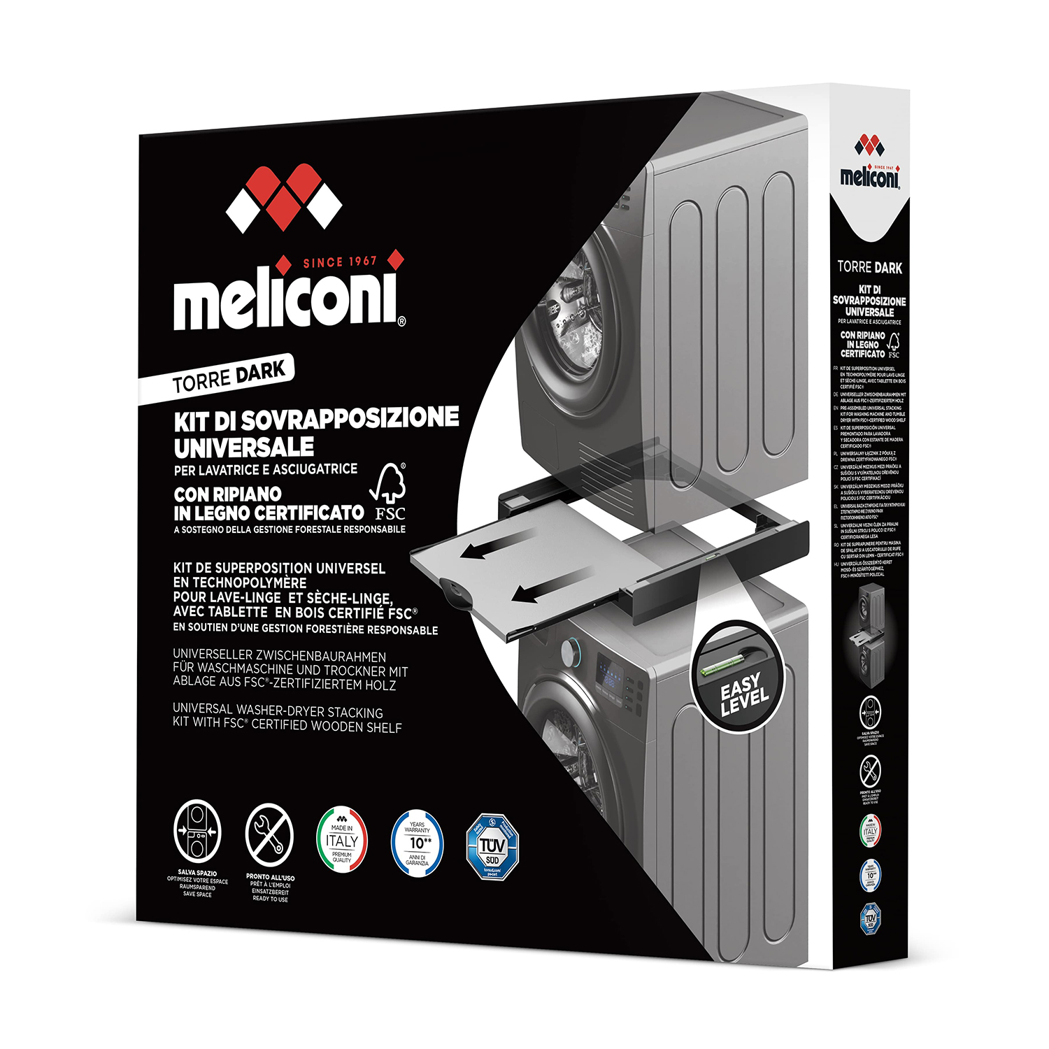 Confezione del kit di sovrapposizione lavatrice-asciugatrice Meliconi Torre Dark con i dettagli del prodotto.