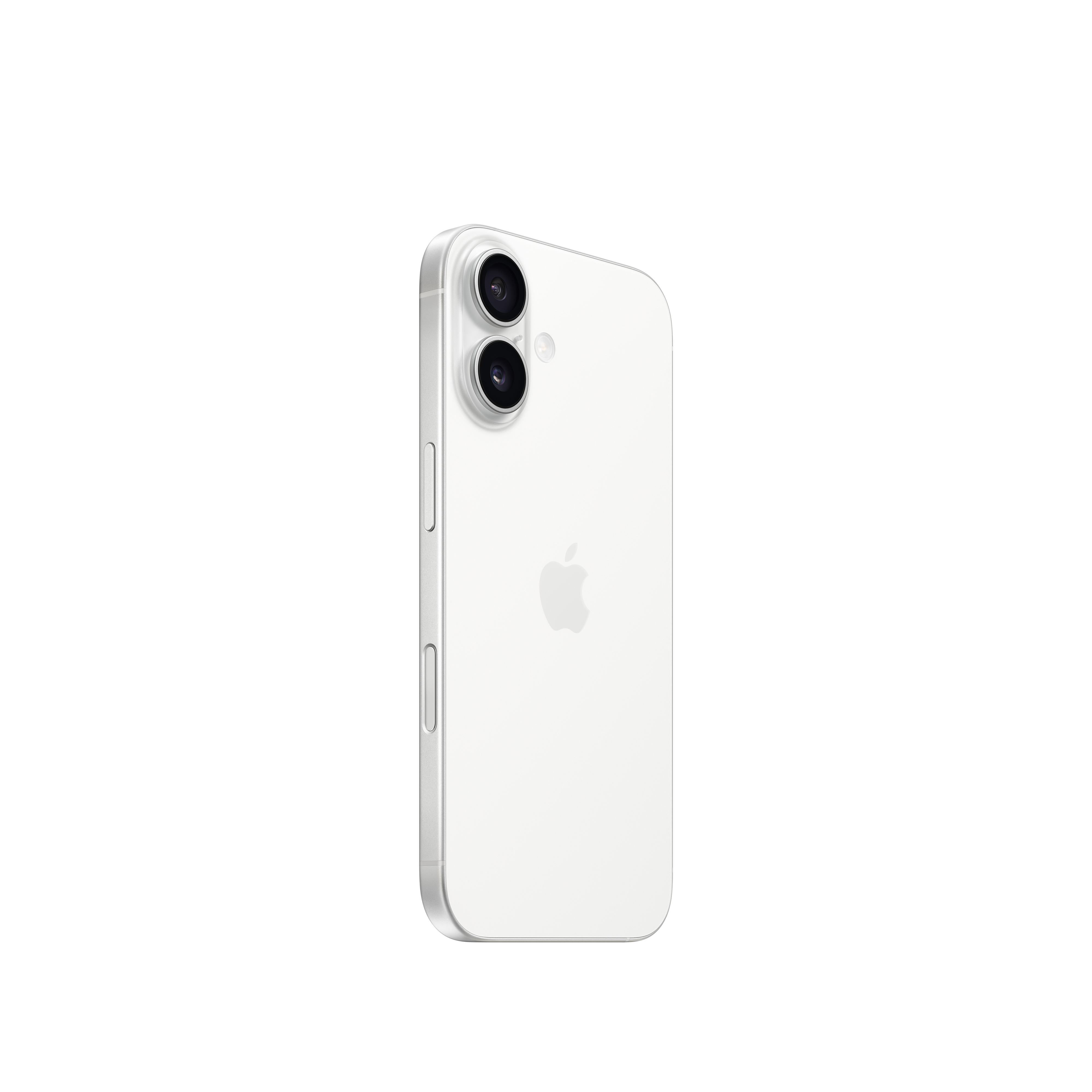 Arkasında çift kamera sistemi bulunan beyaz bir iPhone, beyaz bir arka plan üzerinde.