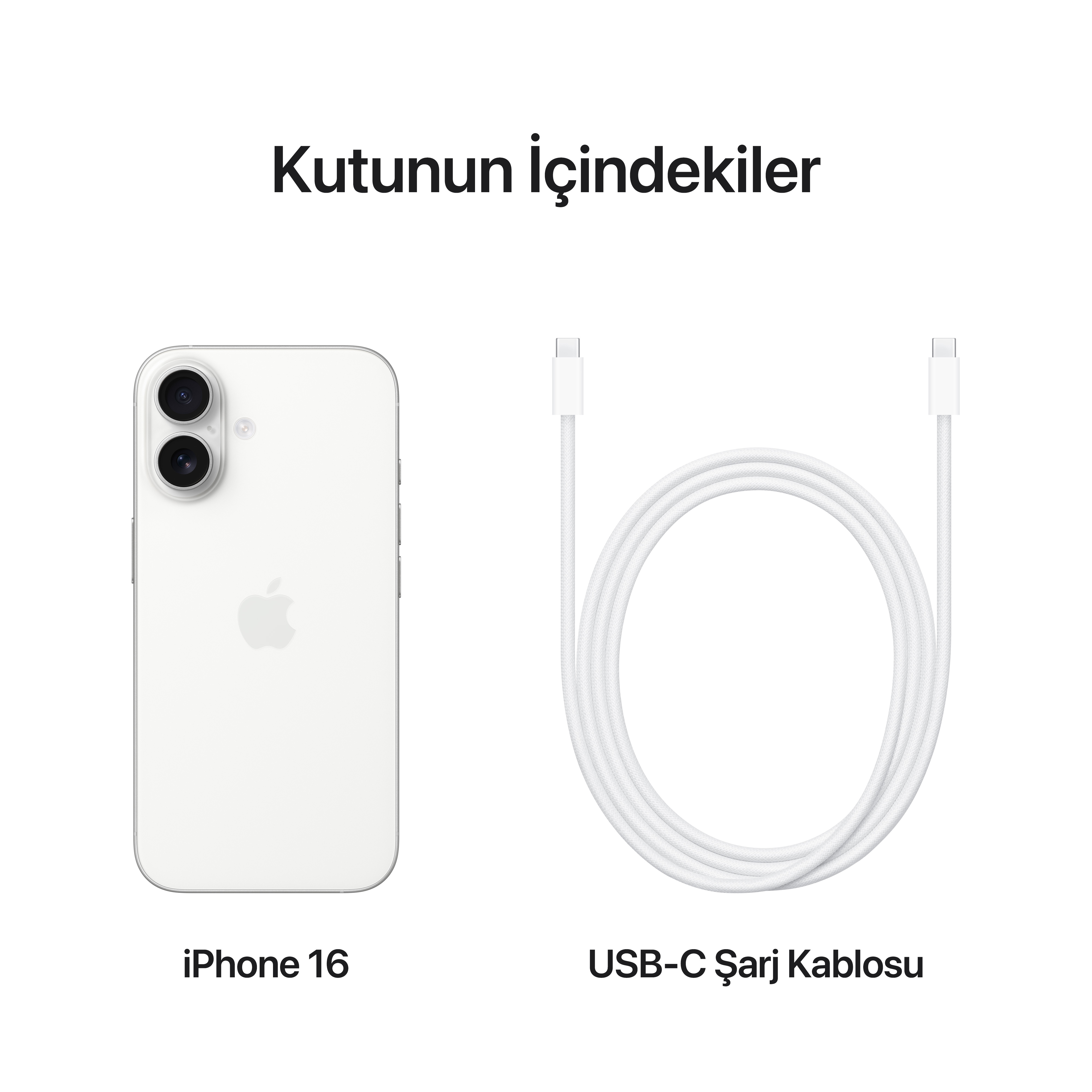 Beyaz iPhone 16 ve beyaz bir USB-C şarj kablosu beyaz bir arka plan üzerinde sergileniyor.