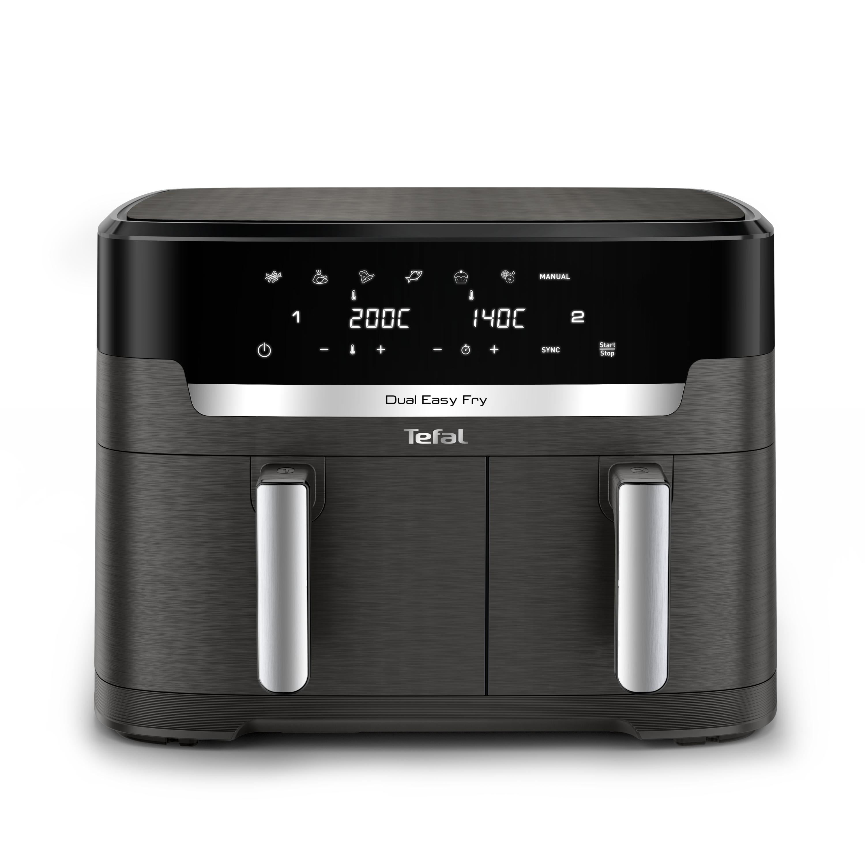 Schwarze Dual-Airfryer mit Digitalanzeige und zwei Griffen auf weißem Hintergrund.