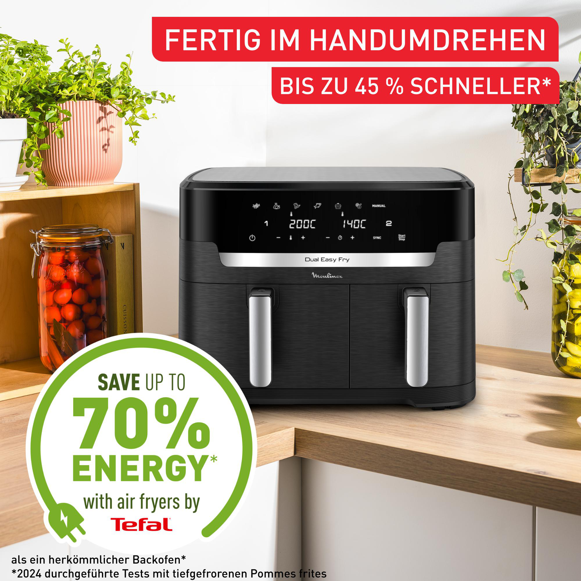 Schwarze Heißluftfritteuse auf Holzoberfläche mit grünem Text vorne. Küchenumgebung.