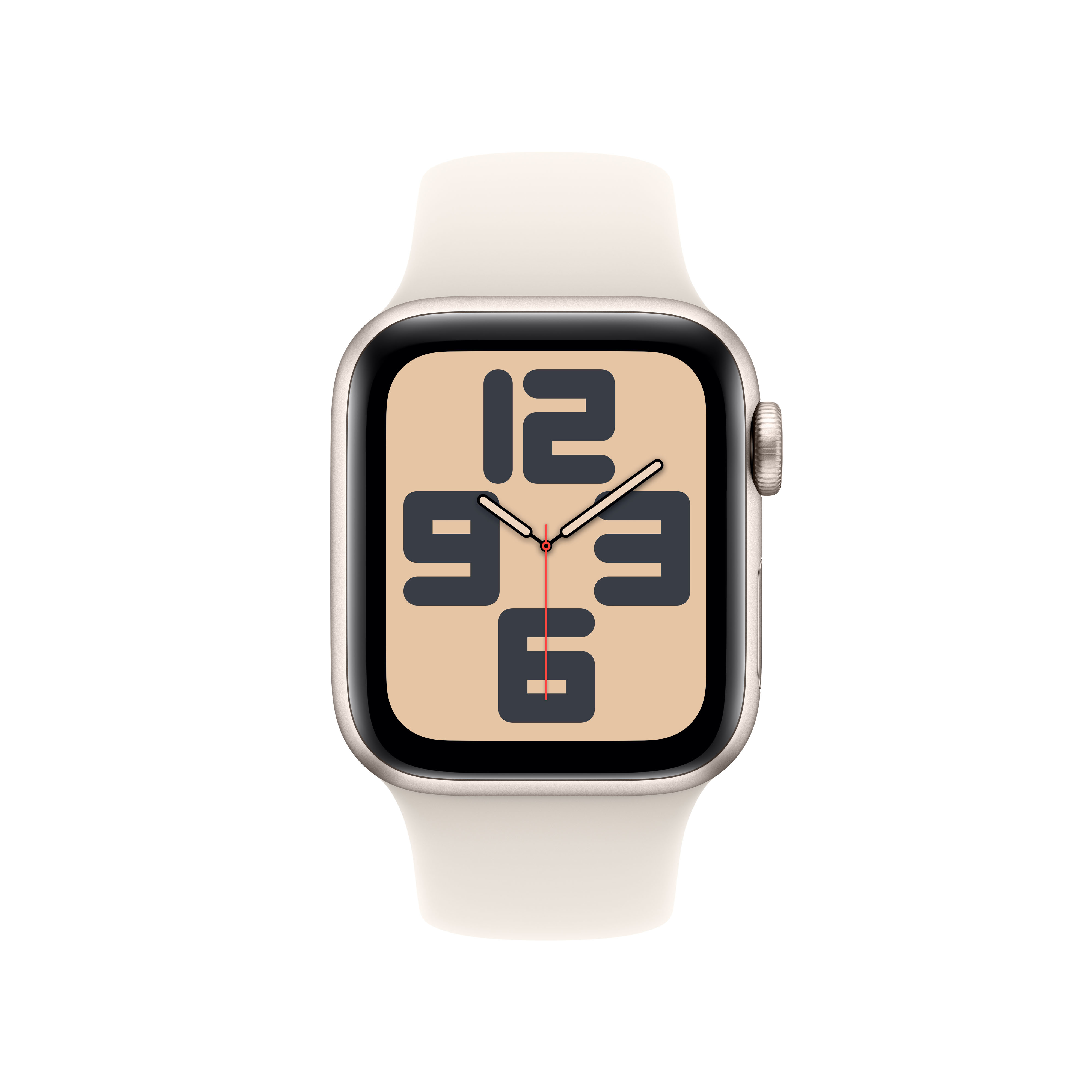 Apple Watch : cadran beige, grands chiffres noirs, bracelet blanc.