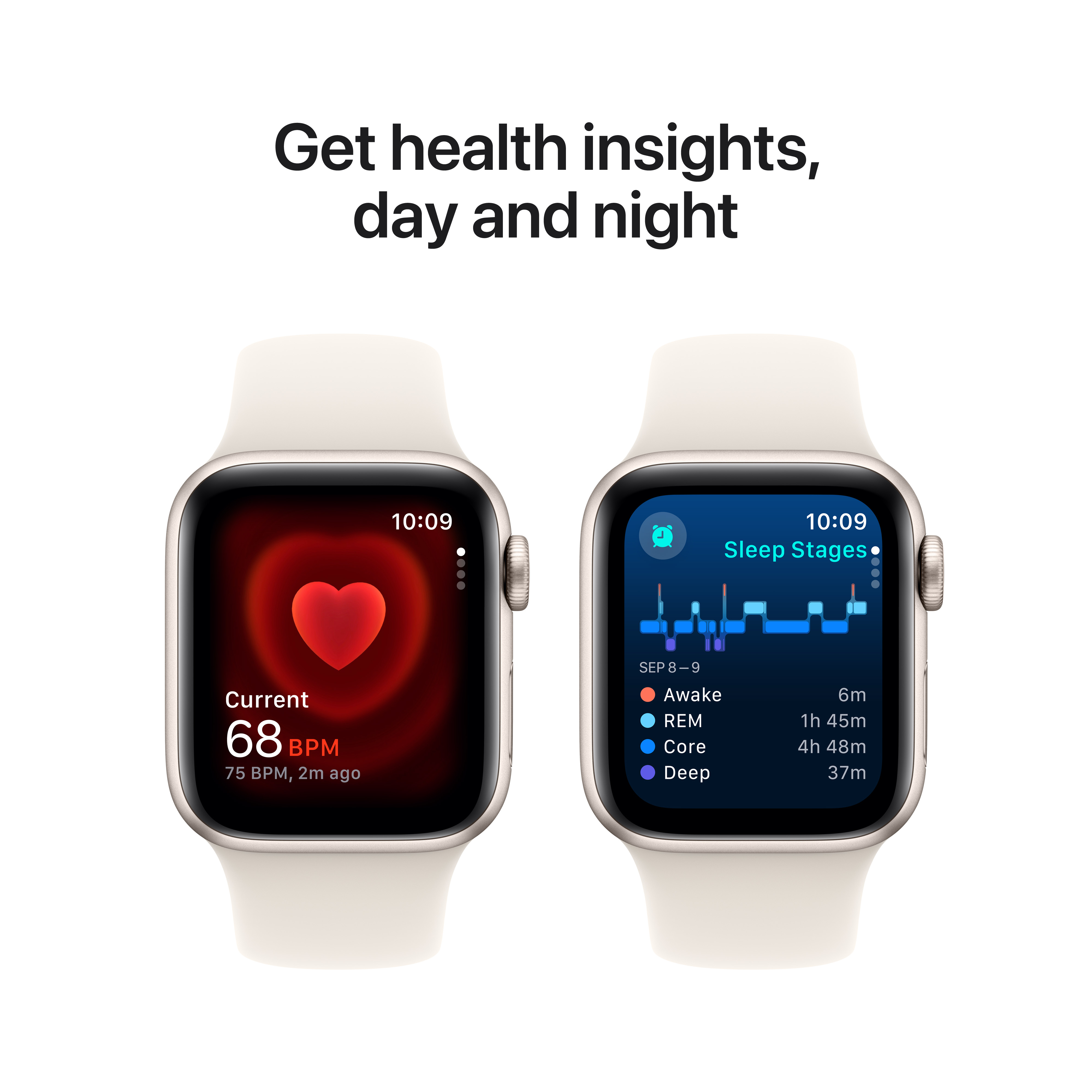 Deux Apple Watch sur blanc. L'une affiche les données de fréquence cardiaque, l'autre les étapes du sommeil.