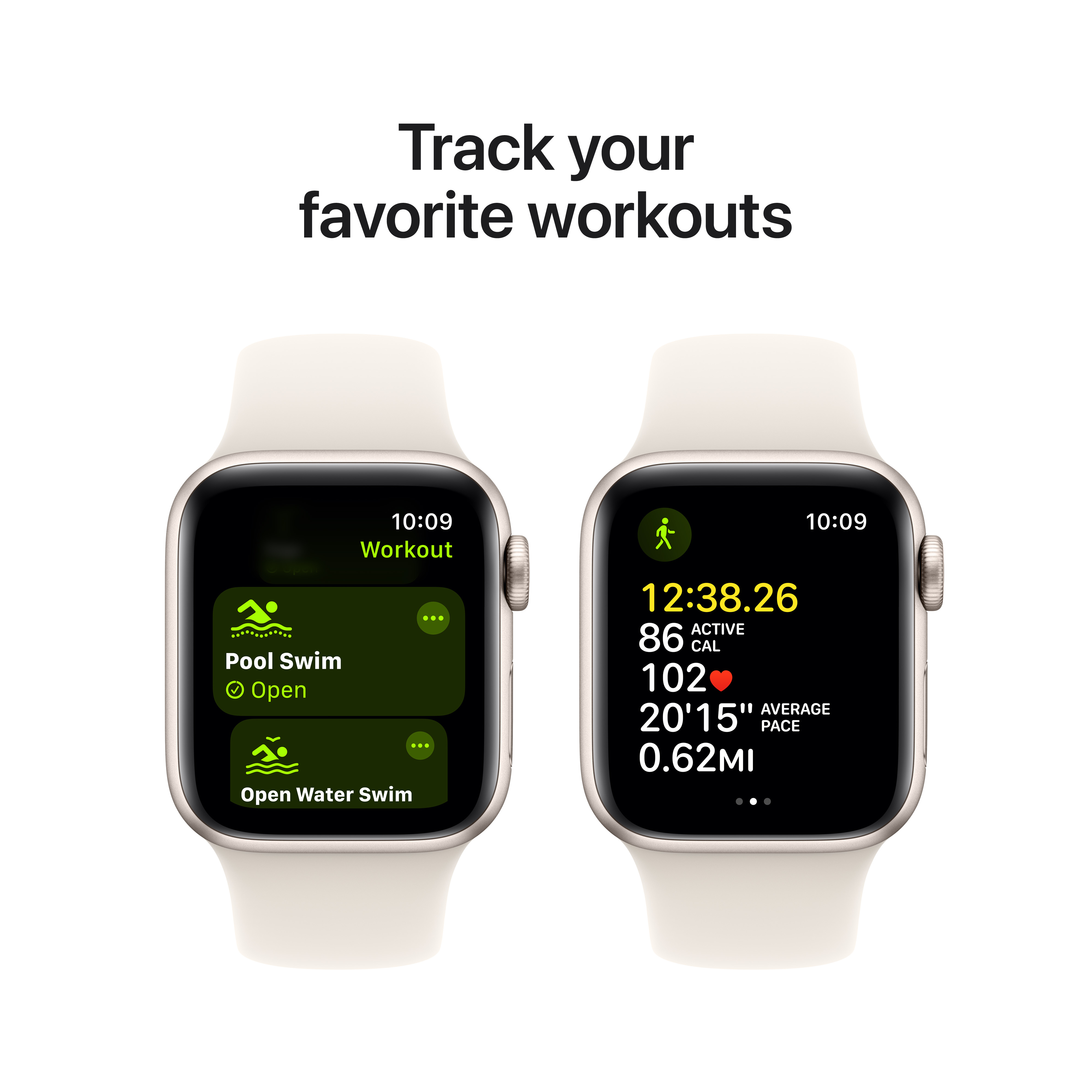 Deux Apple Watches affichant les mesures et options d'entraînement. Bracelets blancs avec écrans noirs.