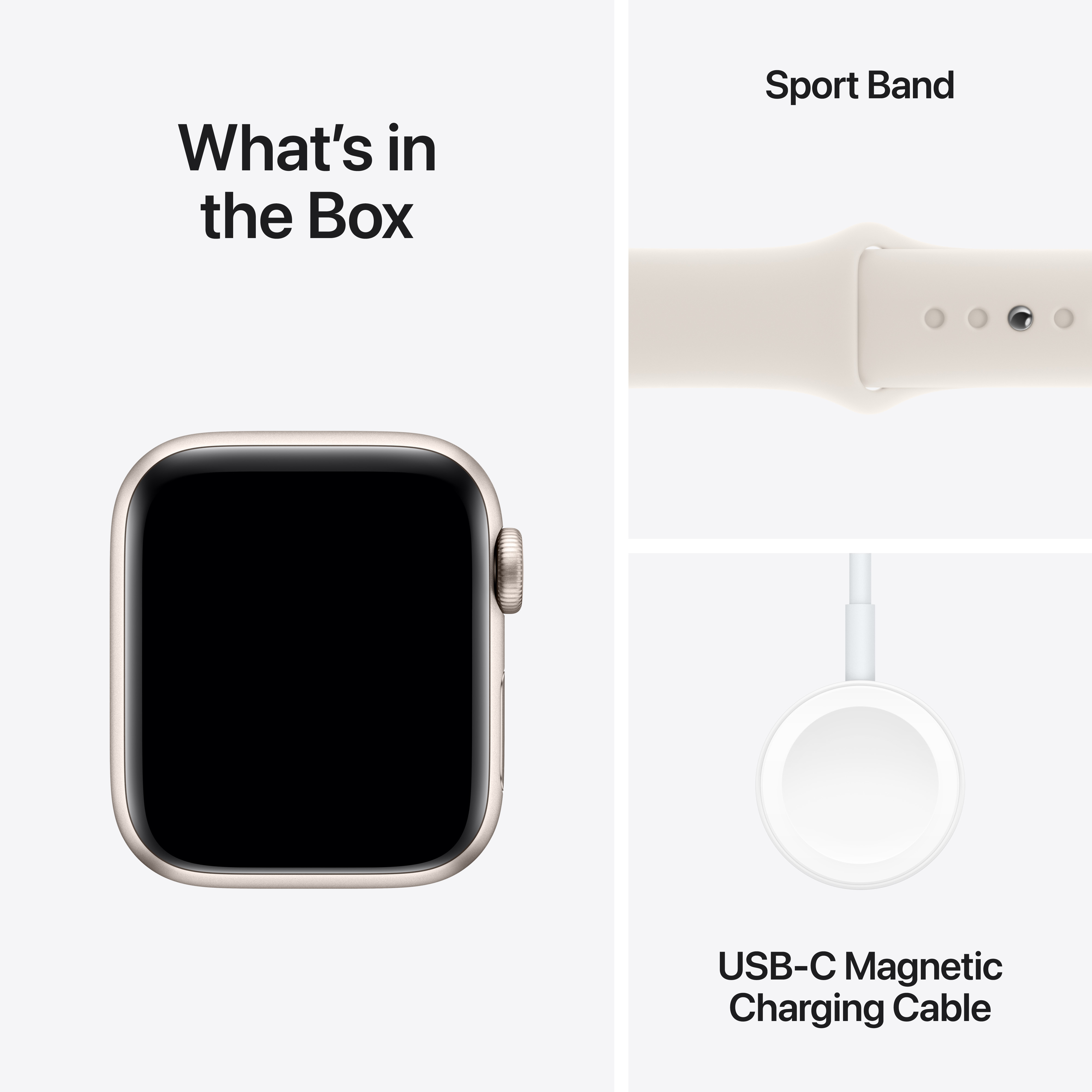 Apple Watch avec un bracelet sport et un câble de chargement dans une boîte.