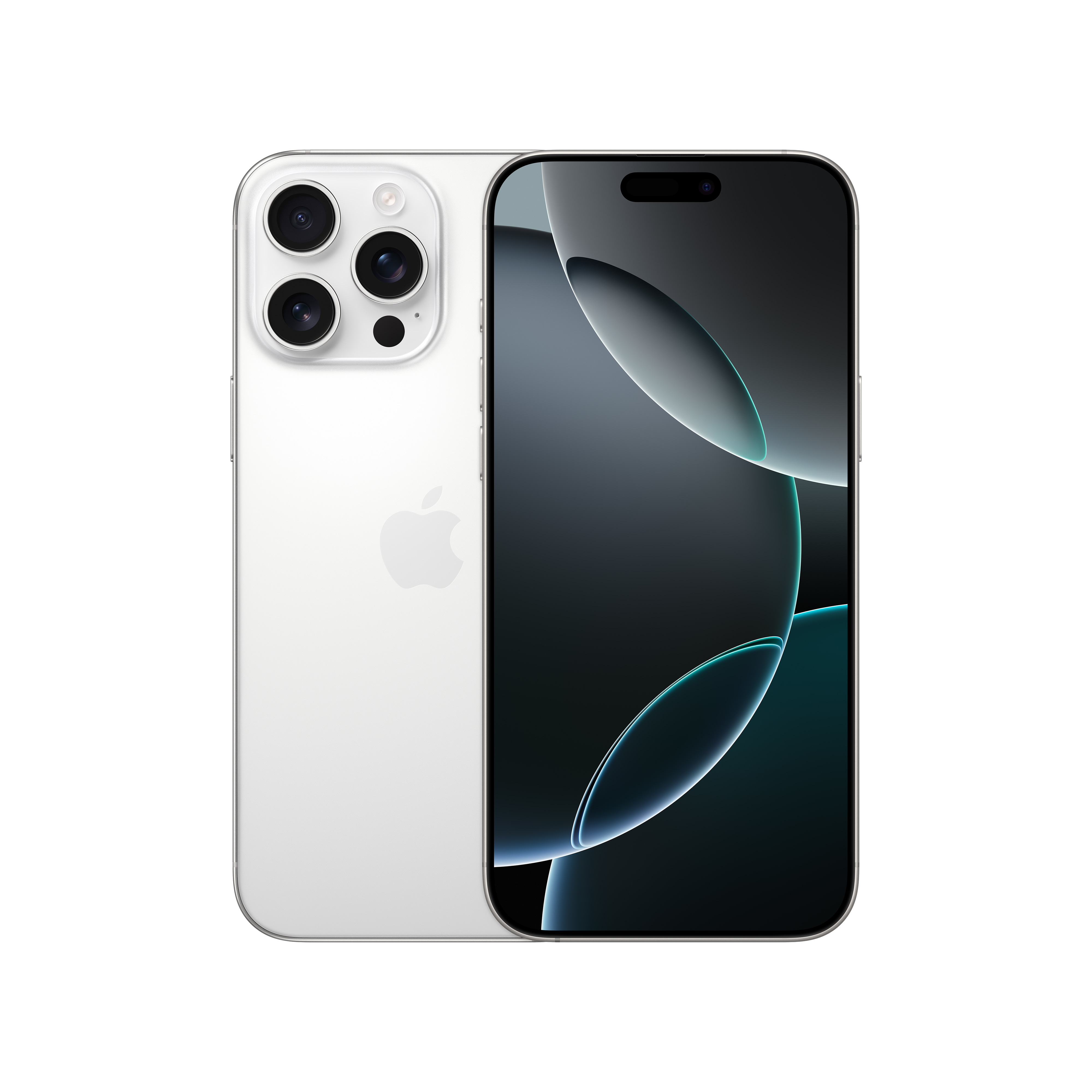 Üç arka kamerası olan beyaz bir iPhone. Ekran, mavi ve gri renklerde bulanık bir soyut tasarım gösteriyor.