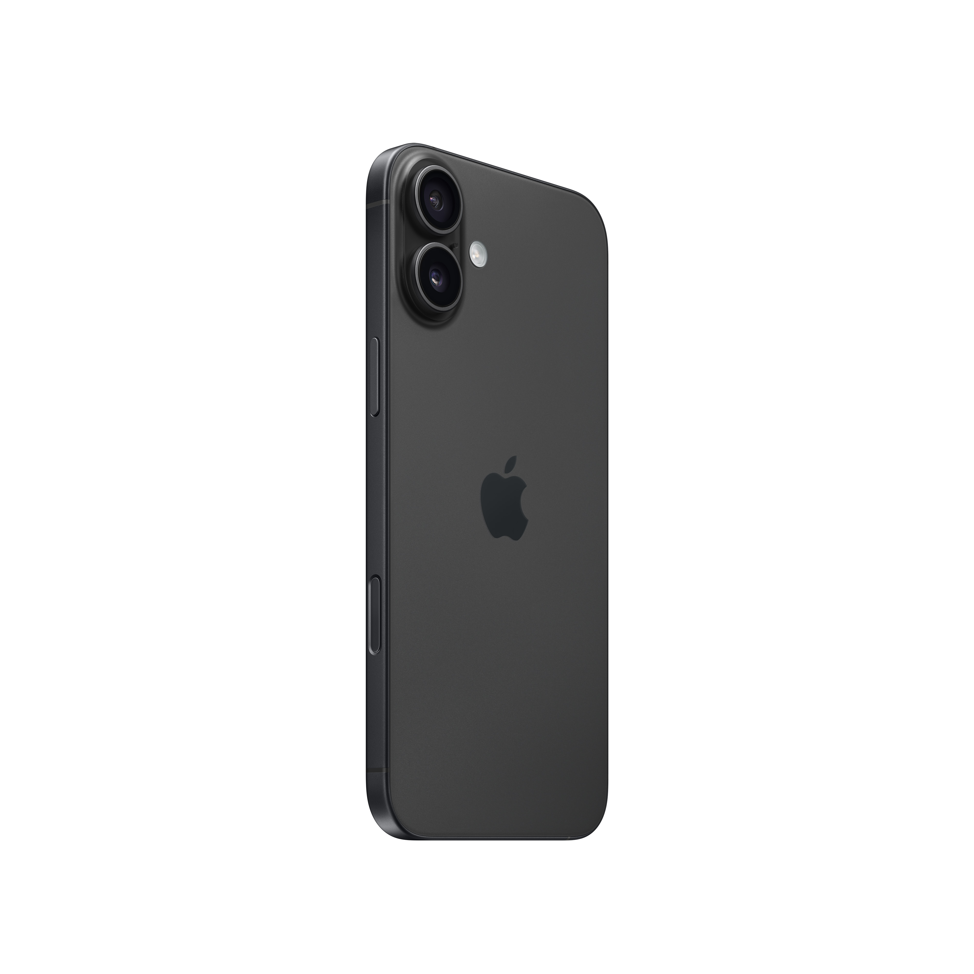 Kamerası olan siyah telefon arkası. Ortada Apple logosu. Yan tuşlar mevcut. Beyaz zemin.