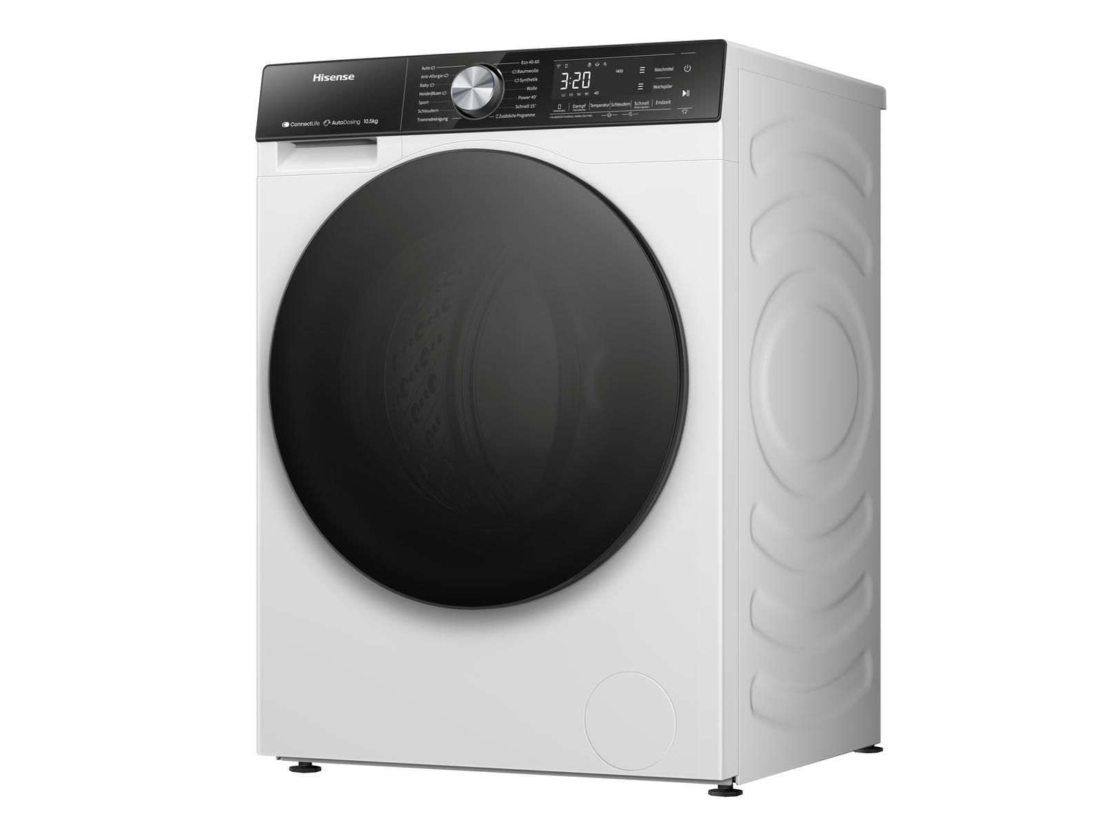 Weiße Hisense Waschmaschine. Die Vorderseite hat eine schwarze Tür und ein Bedienfeld oben.