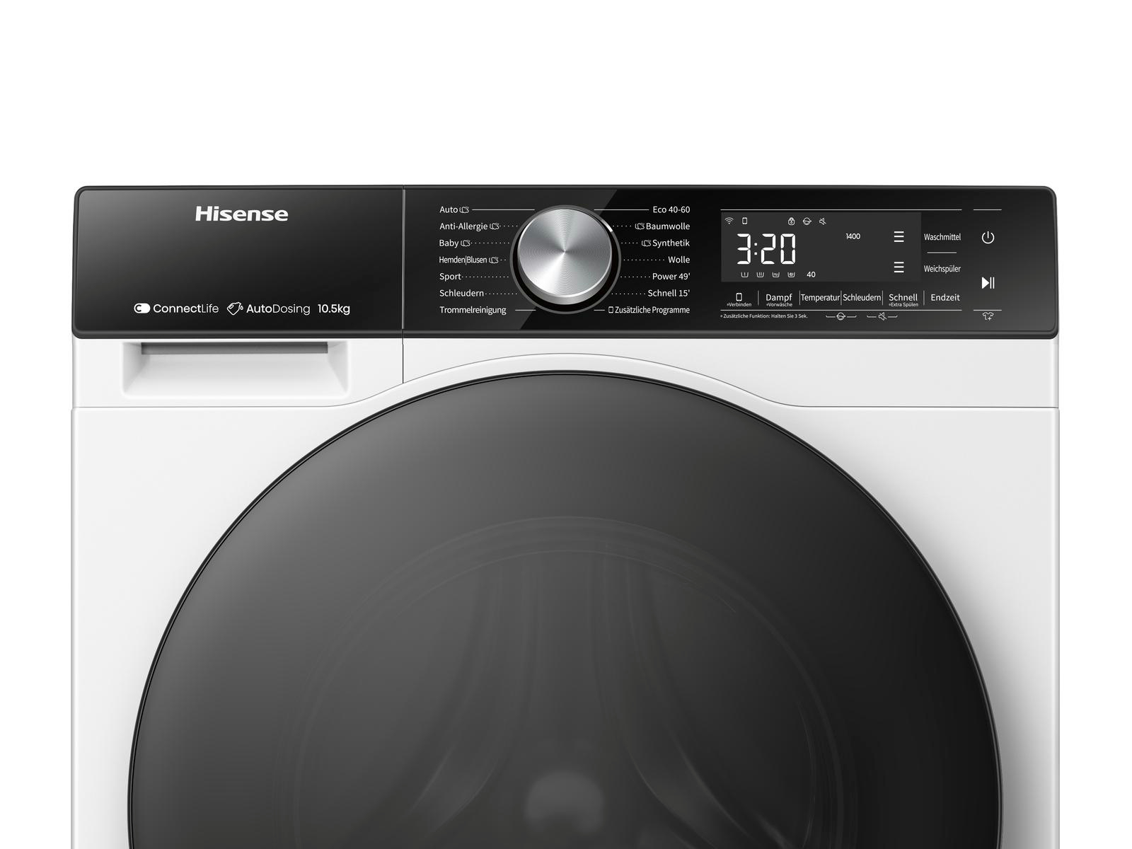 Weiße Waschmaschine mit schwarzer Tür, Bedienfeld und Bildschirm.