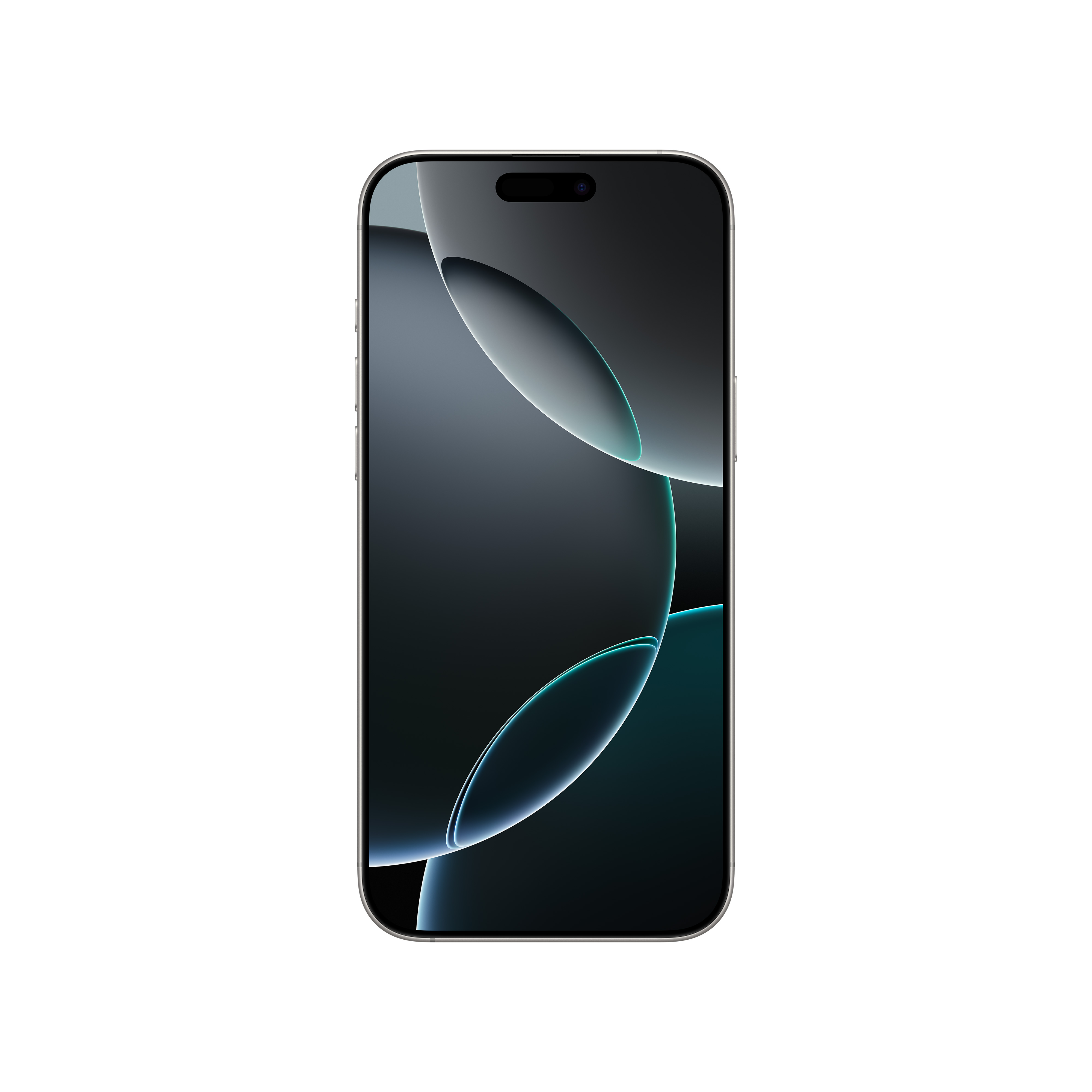 Beyaz arka planda soyut gri ve mavi şekiller gösteren bir çentiğe sahip siyah bir akıllı telefon.