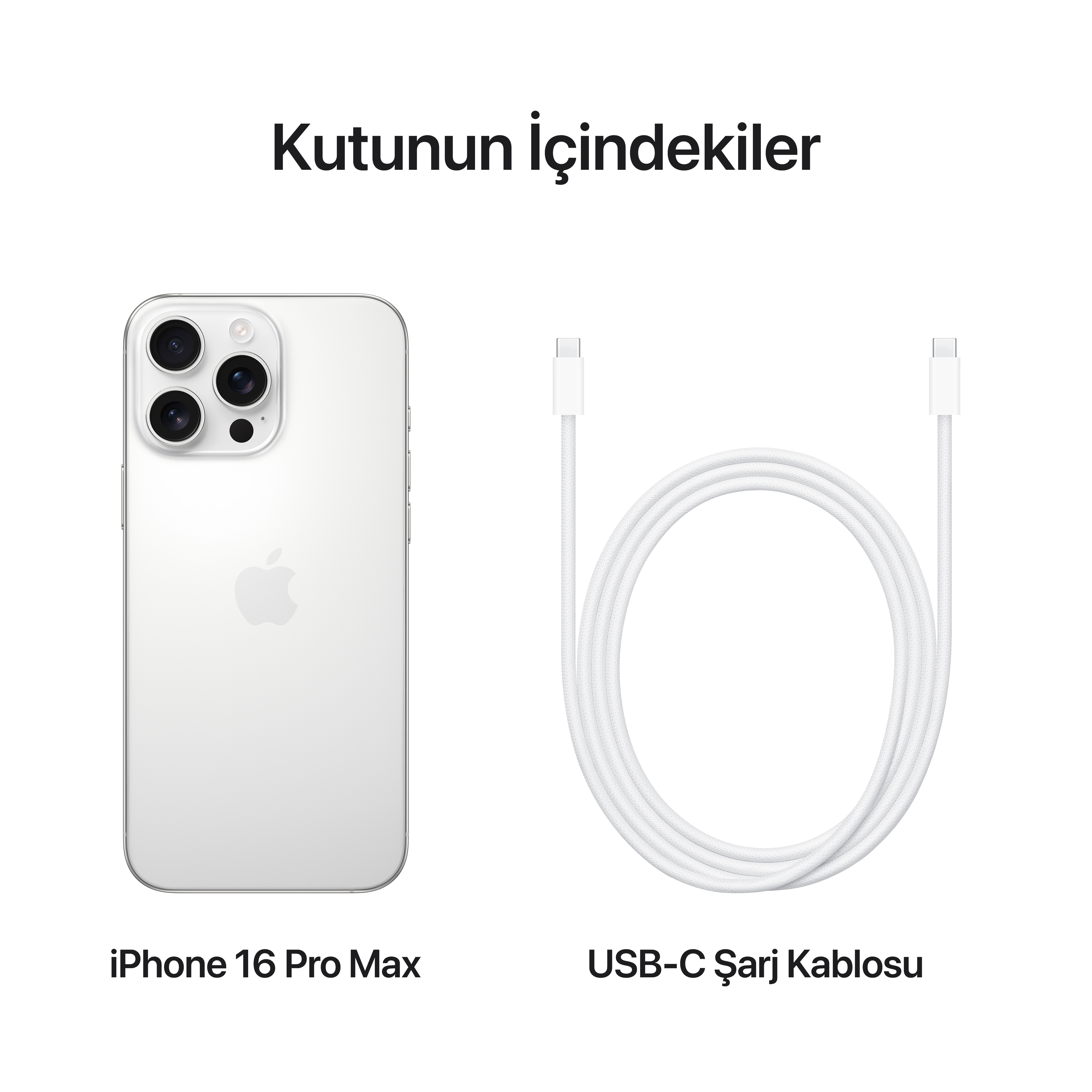 Beyaz bir arka plan üzerinde iPhone 16 Pro Max ve bir USB-C şarj kablosu. Üstteki metin: 'Kutuda ne var'.