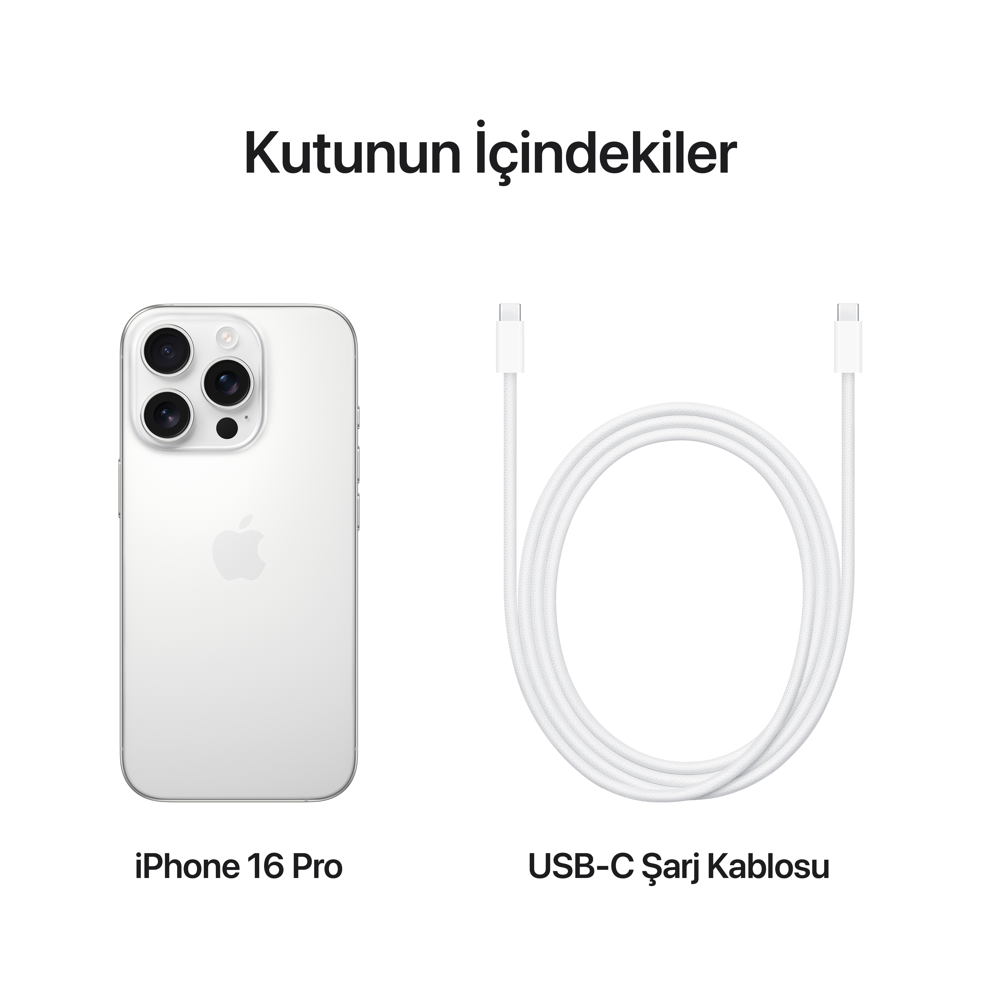 Beyaz bir arka plan üzerinde iPhone 16 Pro ve bir USB-C şarj kablosu.