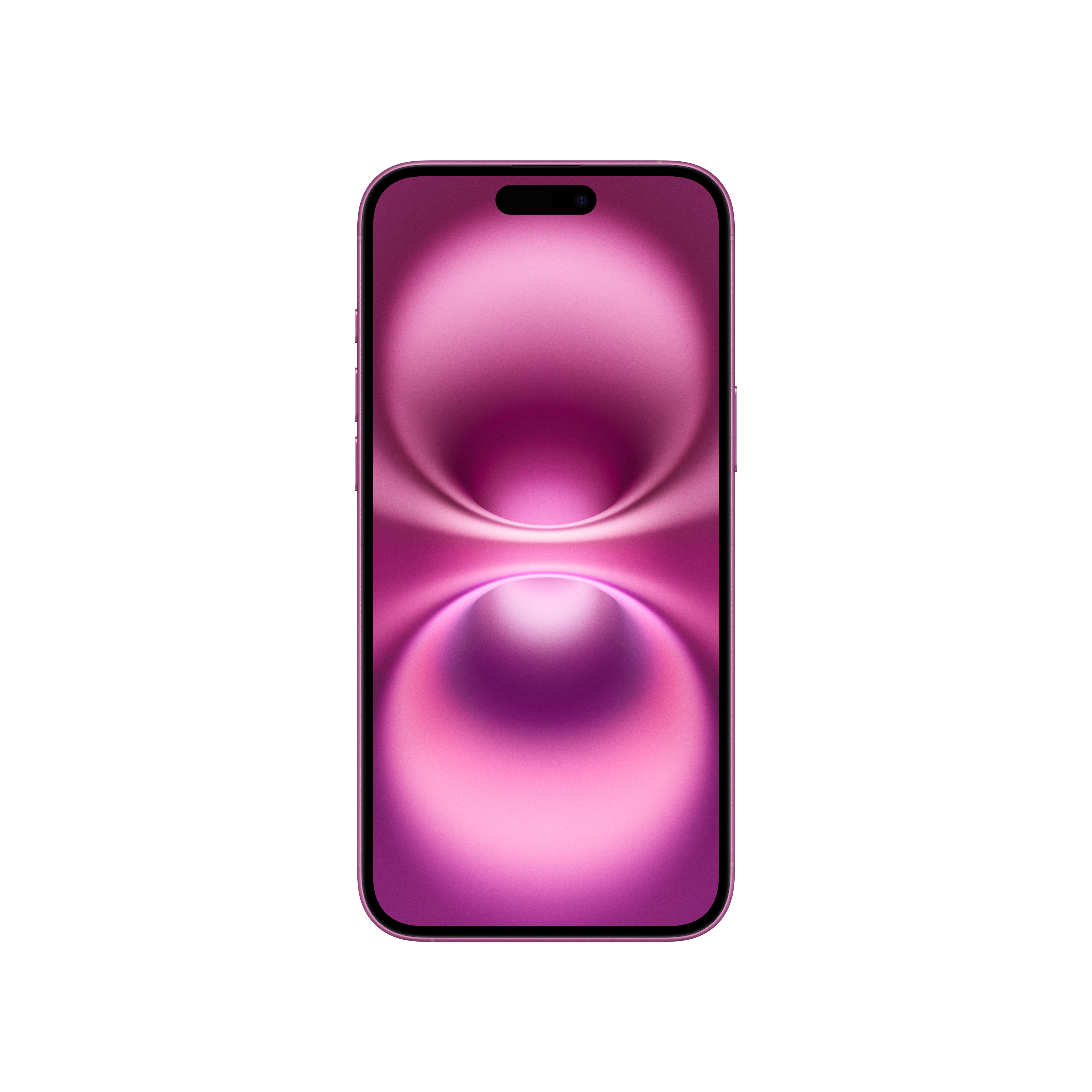 Pembe ve mor bir ekrana sahip pembe bir telefon. Beyaz bir arka plan üzerinde izole edilmiş.