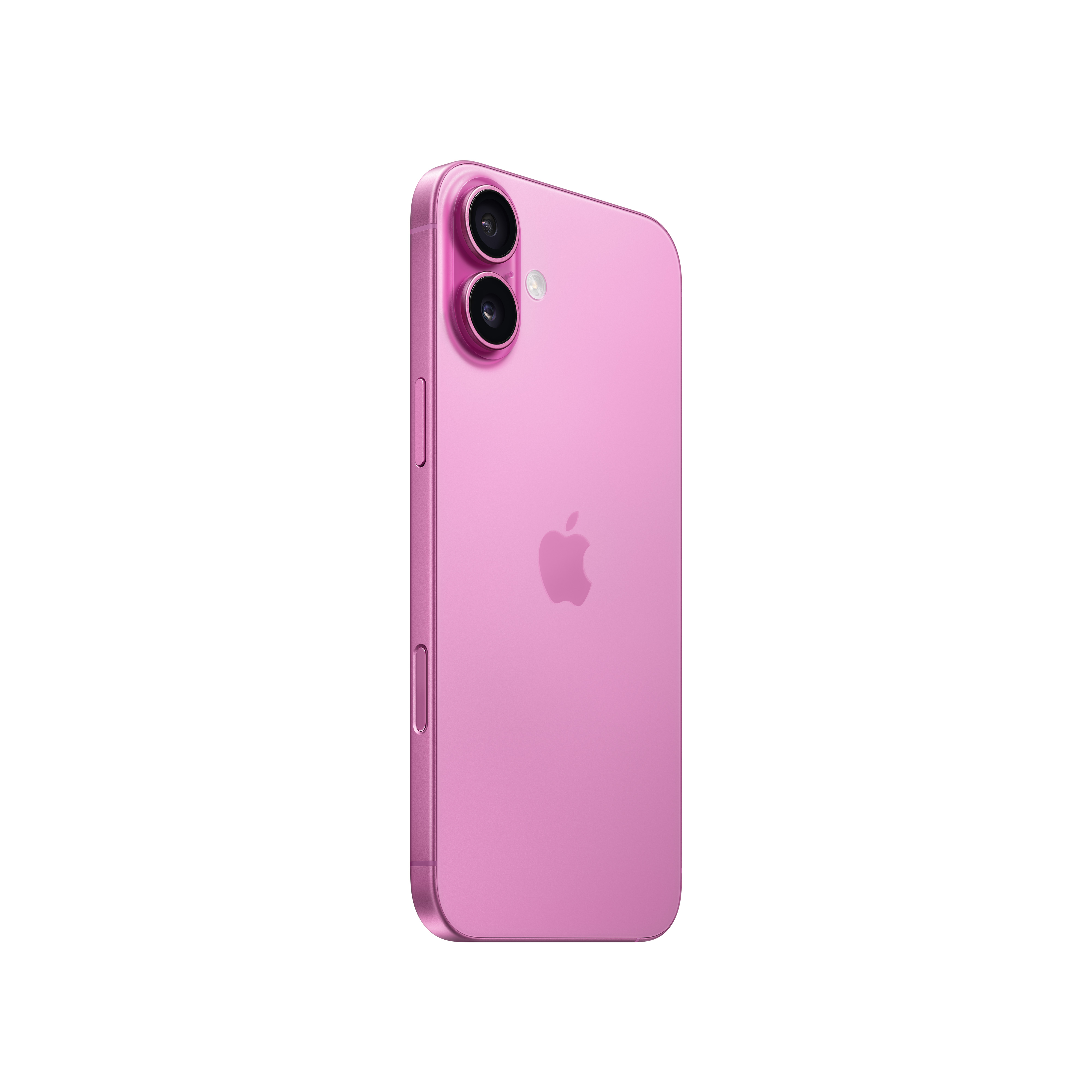 Pembe renkli, iki arka kameralı, hafif açılı bir iPhone, Apple logosunu gösteriyor.