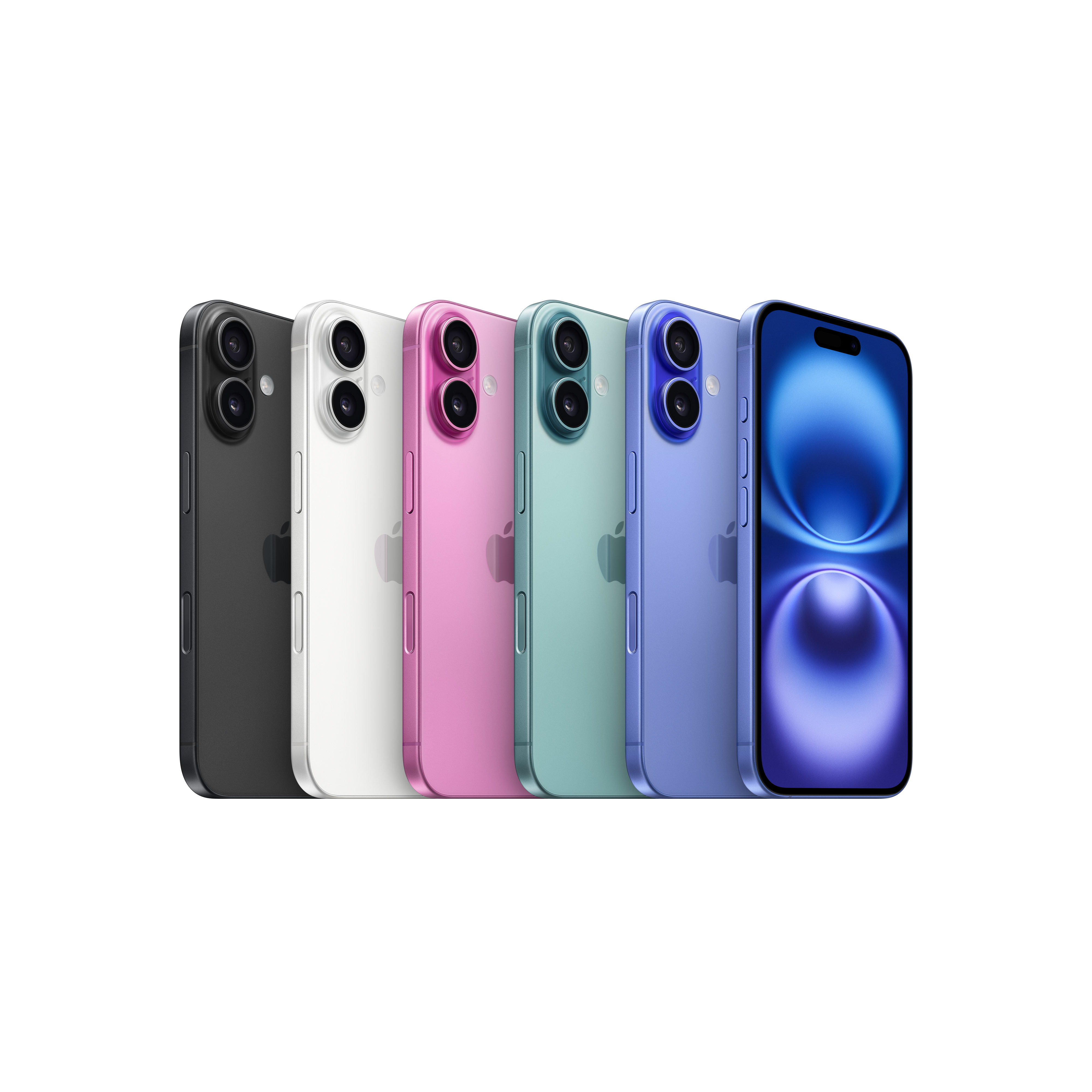Yan yana altı telefon. Siyah, beyaz, pembe, turkuaz, mor ve mavi. Mavi telefon öne bakan tek telefon.