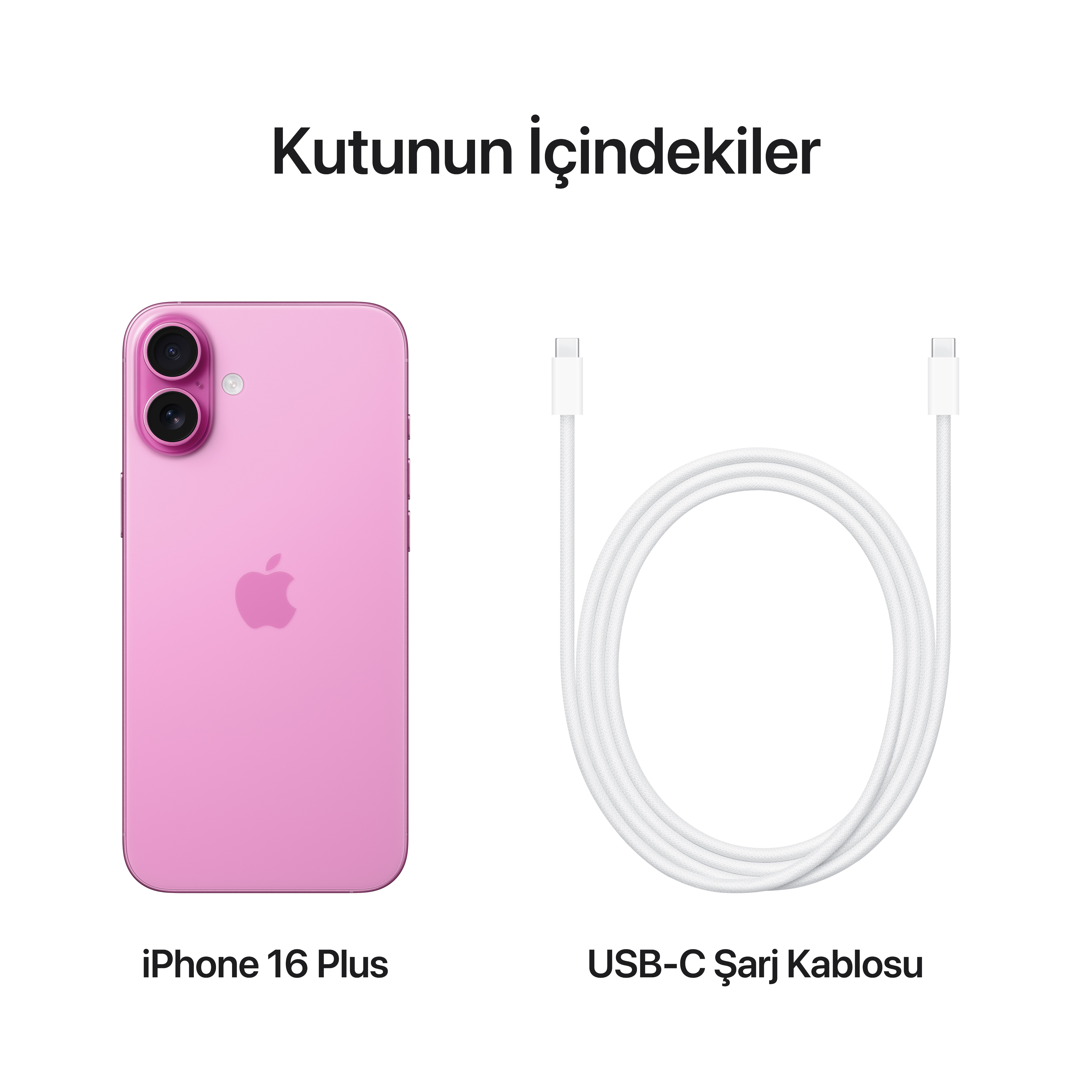 Pembe iPhone 16 Plus ve beyaz bir USB-C şarj kablosu, beyaz bir zemin üzerinde.