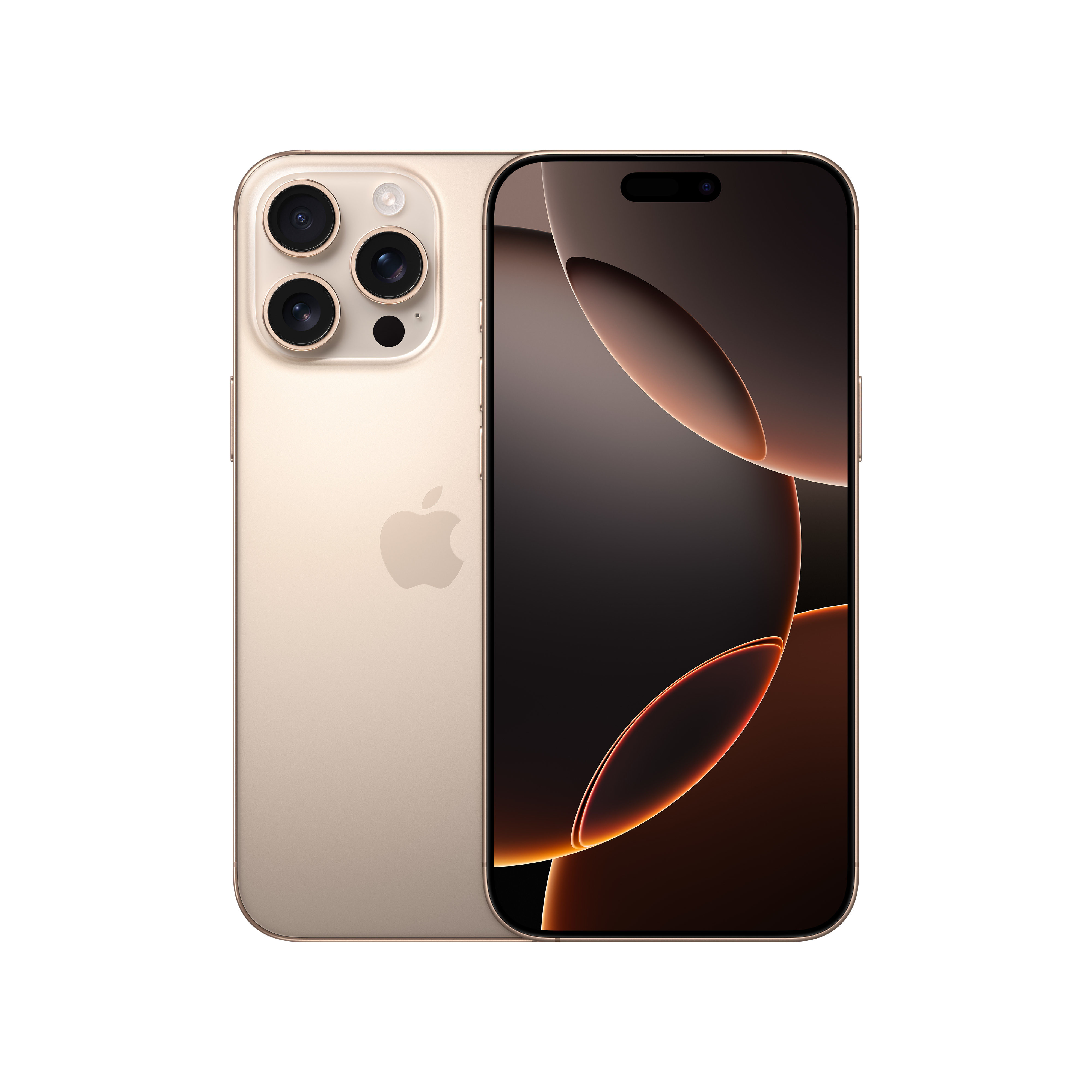 Altın renkli iPhone, arka ve ön tarafı. Üç kameraya sahip.