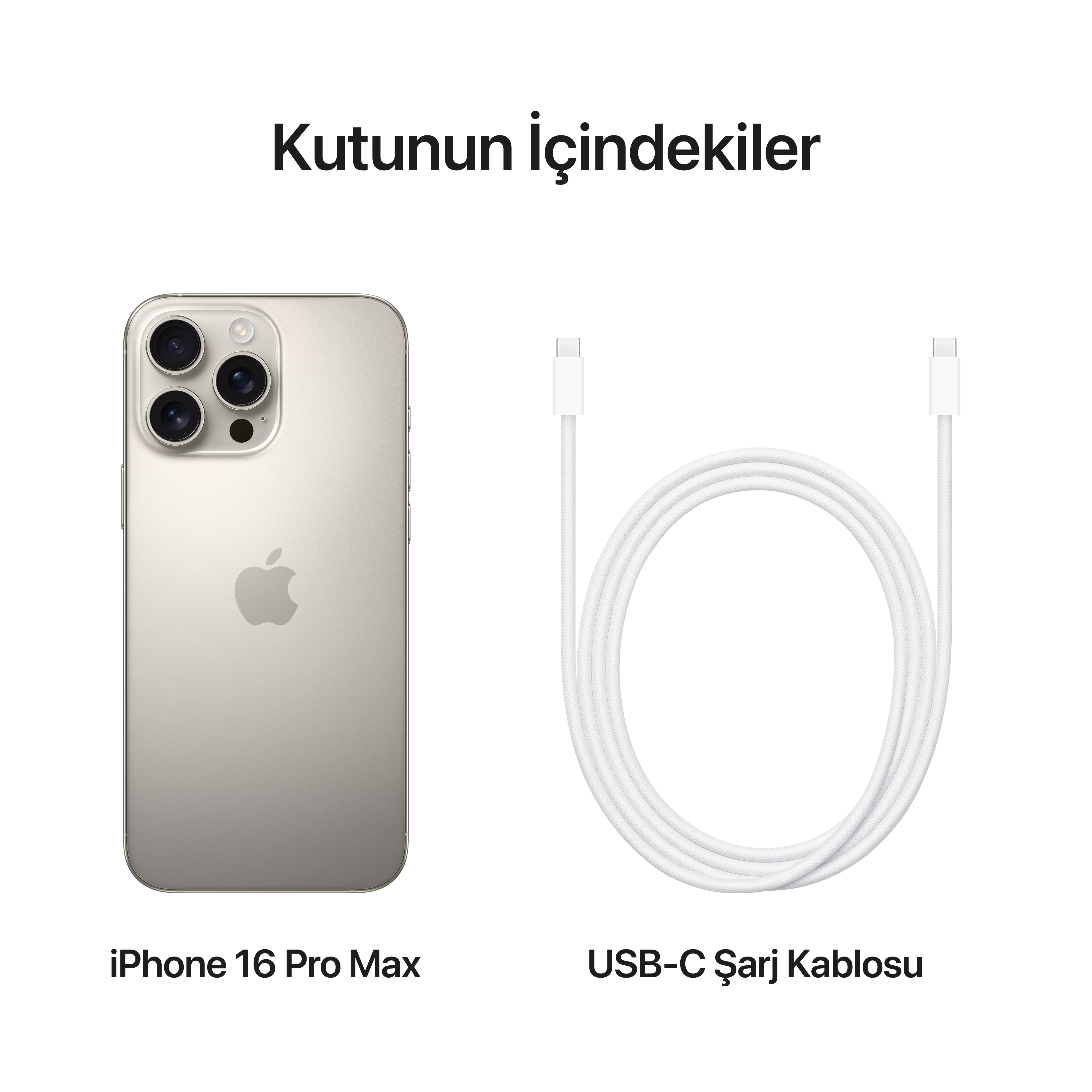 iPhone 16 Pro Max ve USB-C şarj kablosu, beyaz bir arka plan üzerinde sunuluyor.