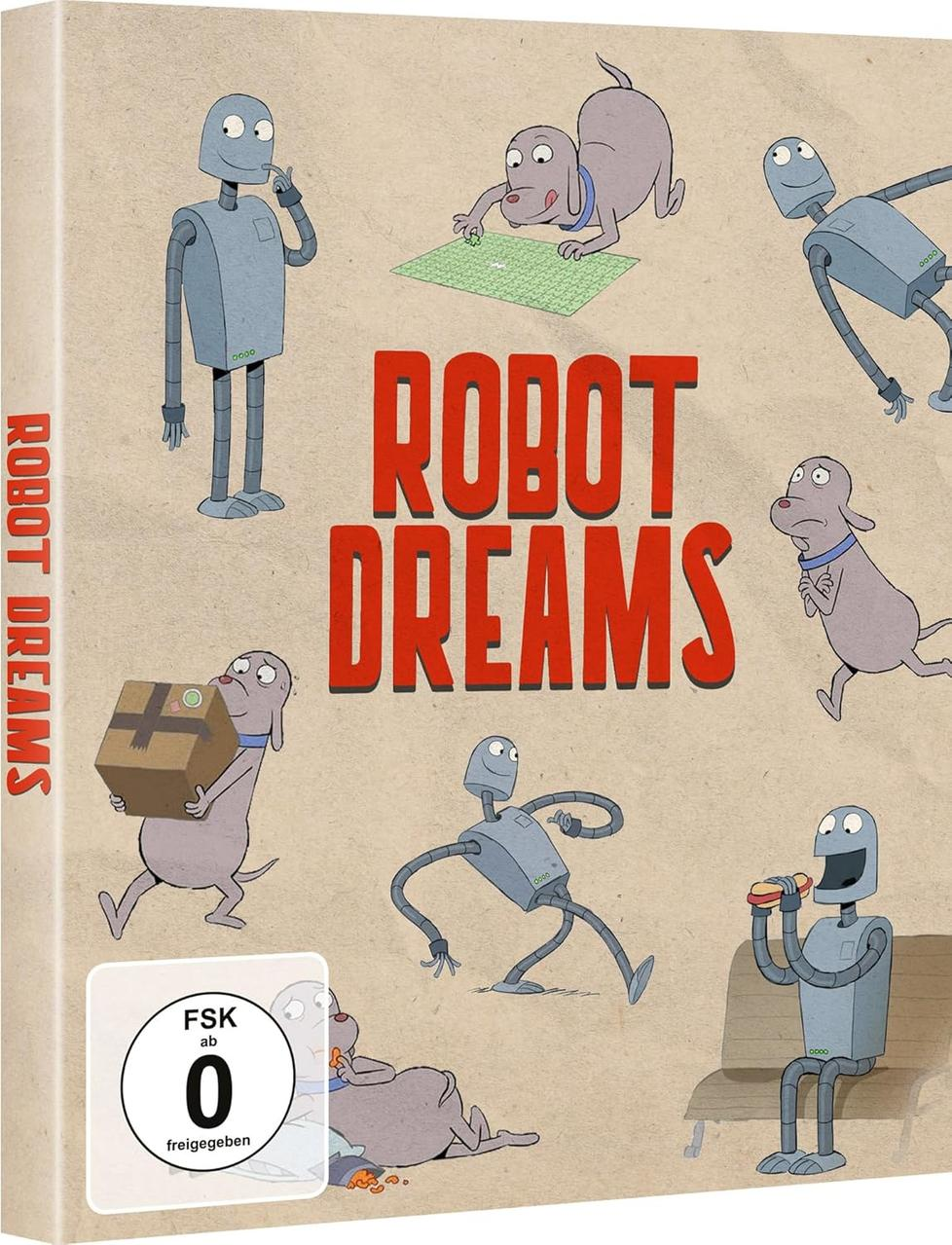 Robot Dreams DVD-Hülle. Roboter und Hunde im Cartoon-Stil auf hellbraunem Hintergrund.
