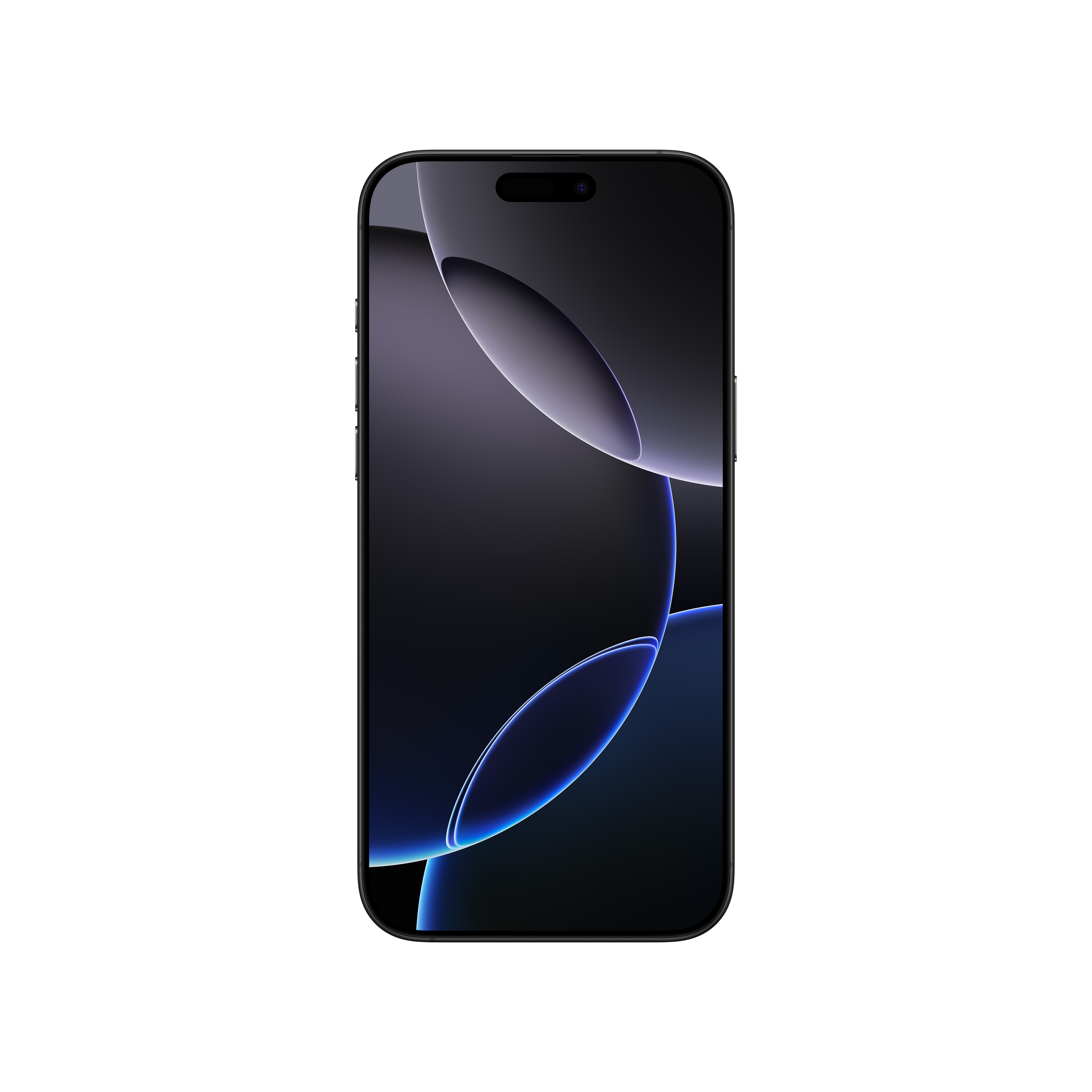 Kavisli ekranlı siyah iPhone, önden görünür. Ekran, koyu bir arka plan gösteriyor.