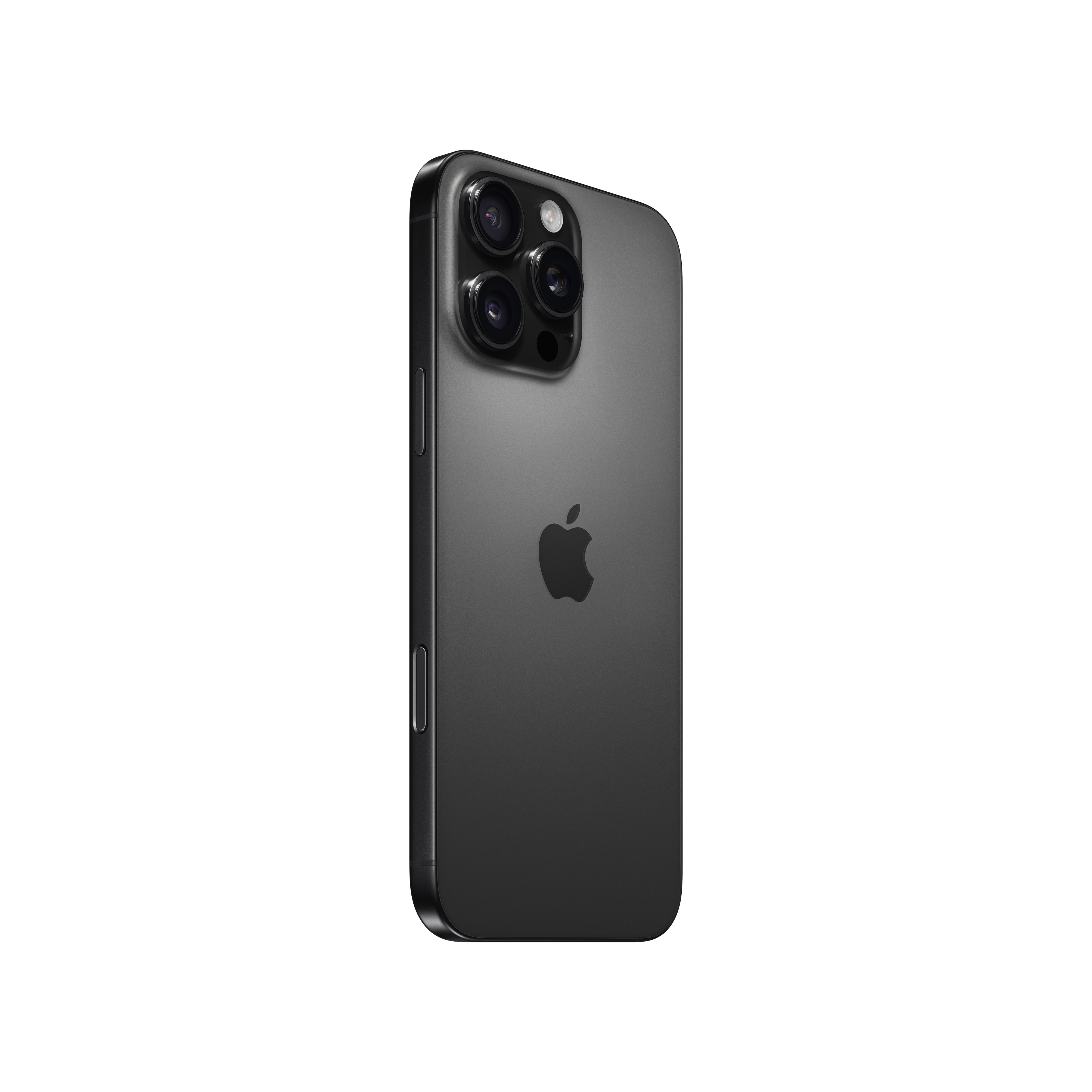 Siyah iPhone, üç kamera ve beyaz zemin üzerinde Apple logosu.