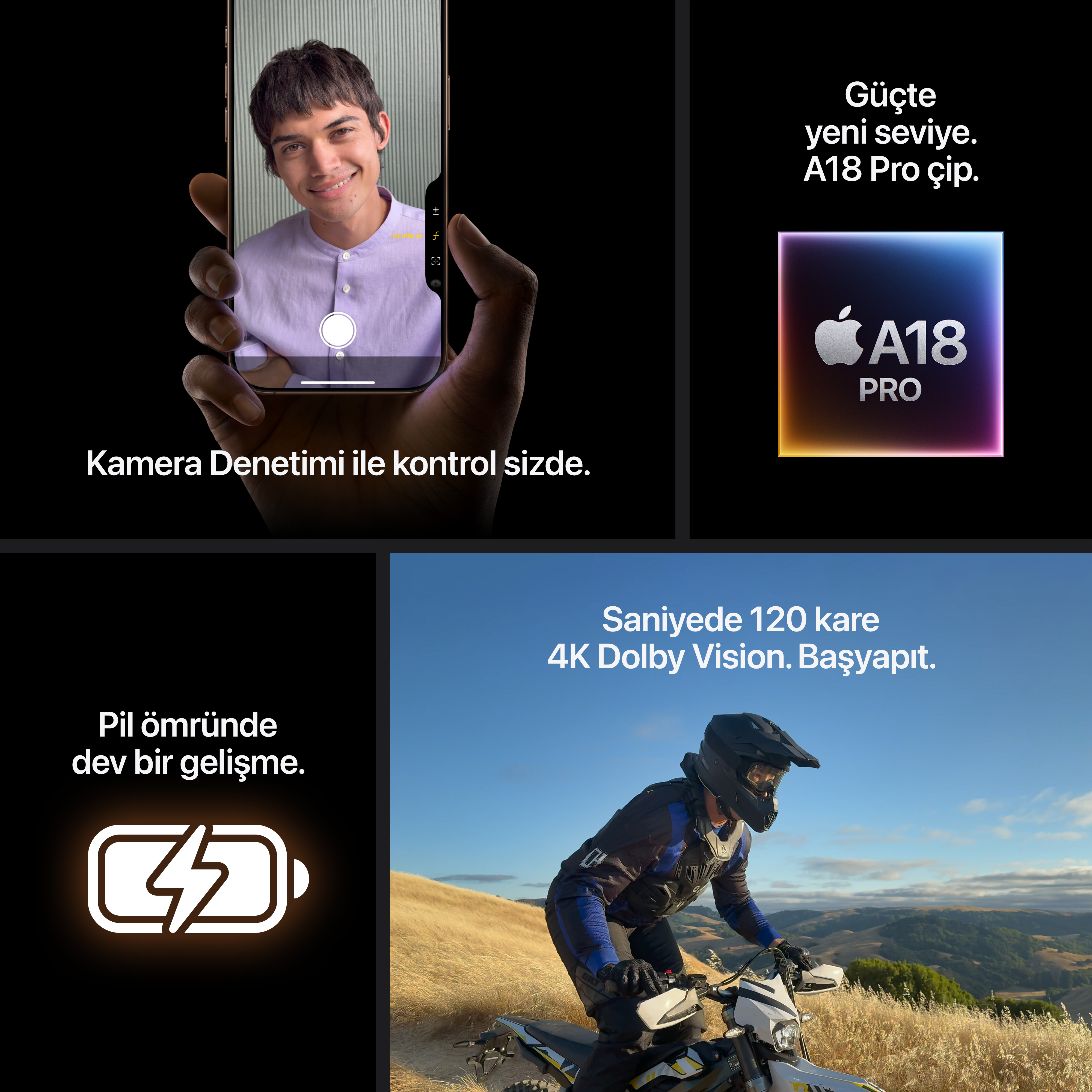 Onu tutan bir adamla yeni bir iPhone hakkında çeşitli görseller. Metin: A18 Pro çip, pil ömrü ve 4K Dolby Vision.